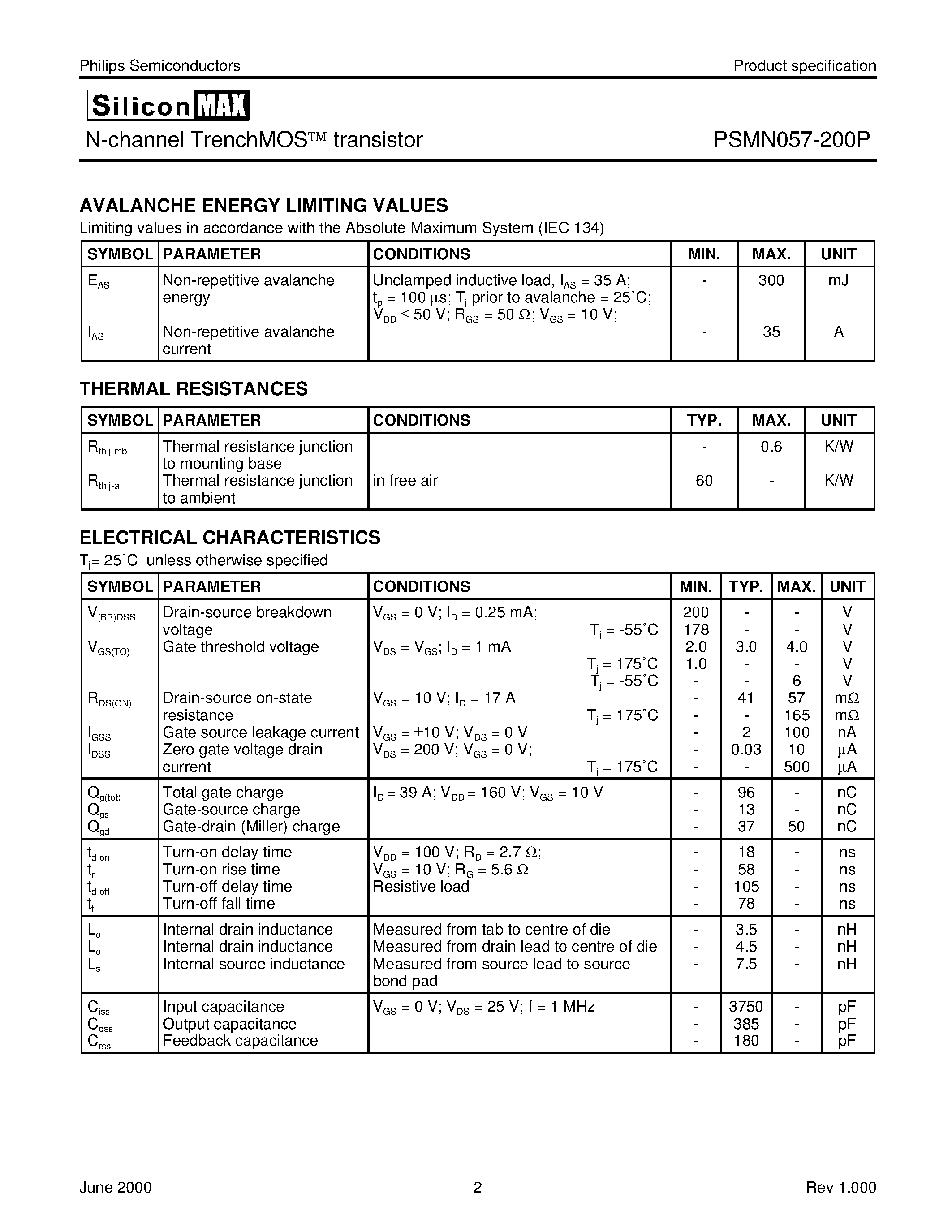 Datasheet PSMN057-200P - N-channel TrenchMOS transistor page 2