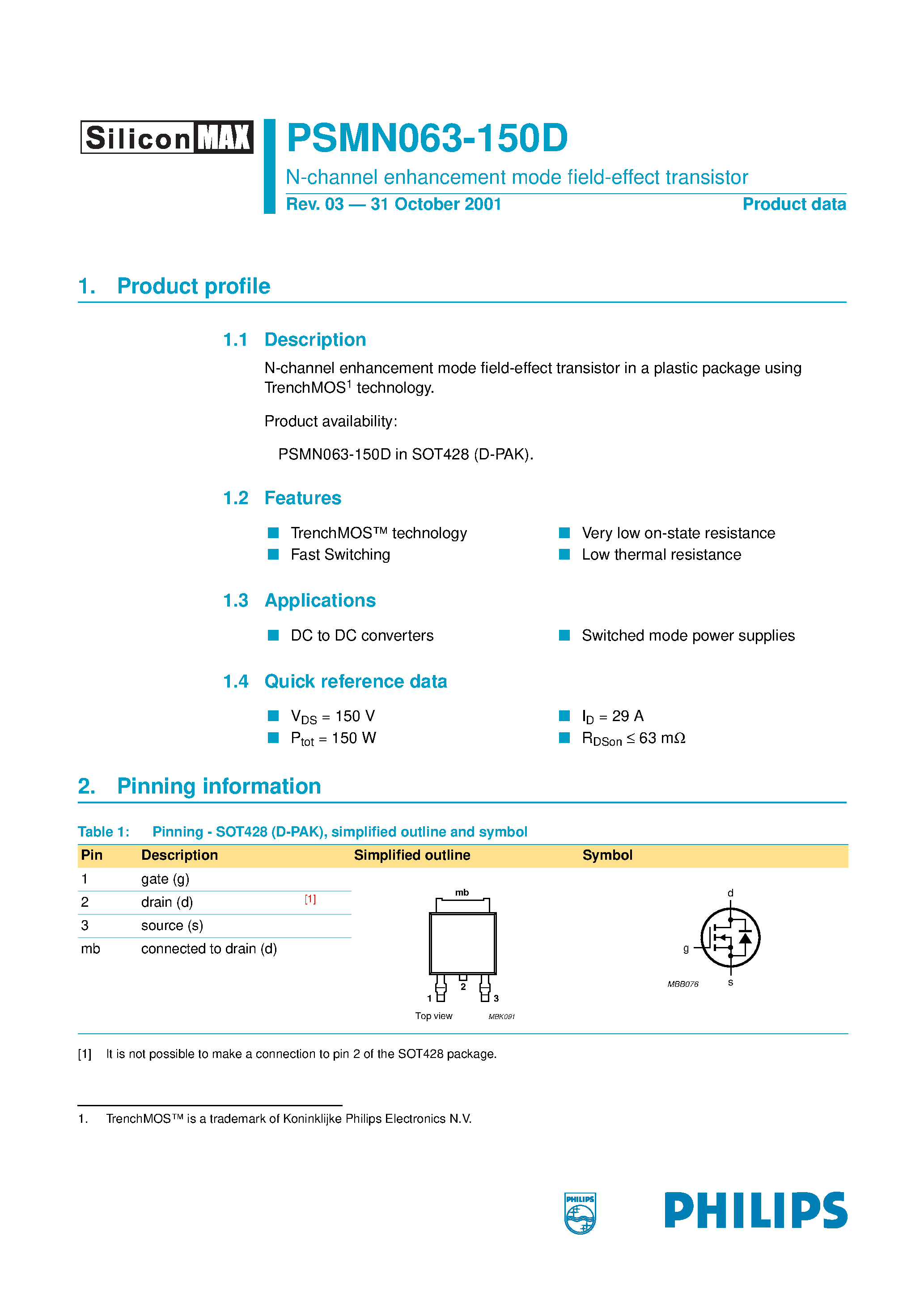 Datasheet PSMN063-150D - N-channel enhancement mode field-effect transistor page 1