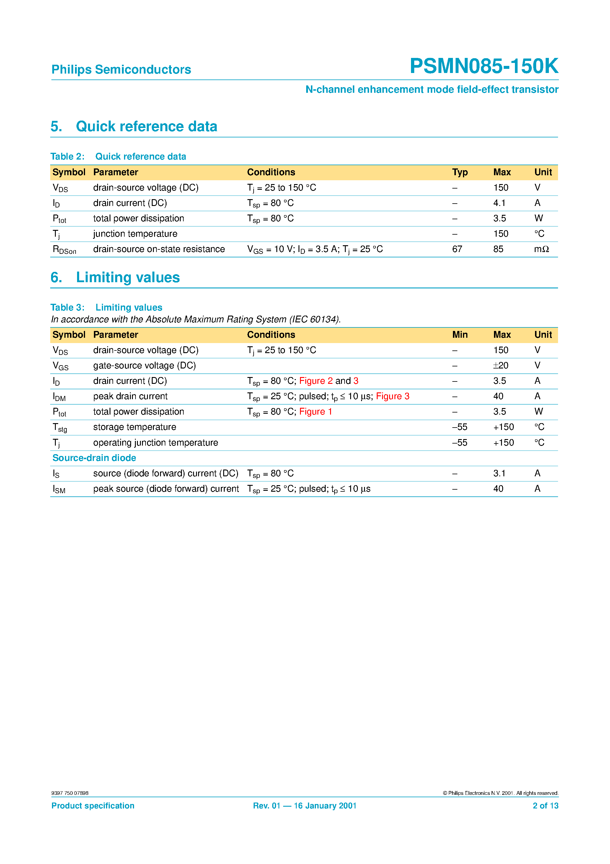 Datasheet PSMN085-150K page 2 Datasheet PSMN085-150K - N-channel enhancement mode field-effect transistor page 2