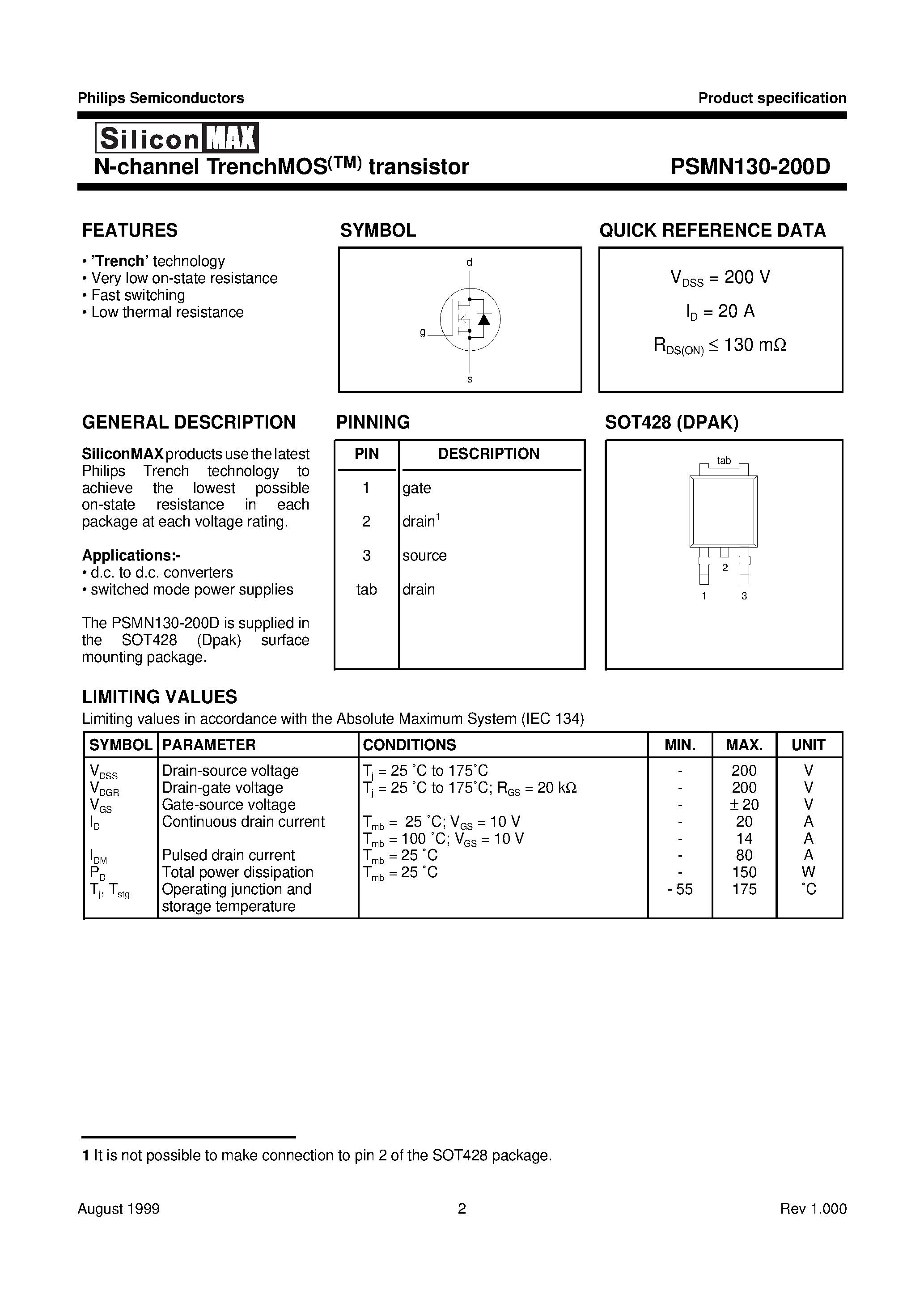 Datasheet PSMN130-200D - N-channel TrenchMOS transistor page 2