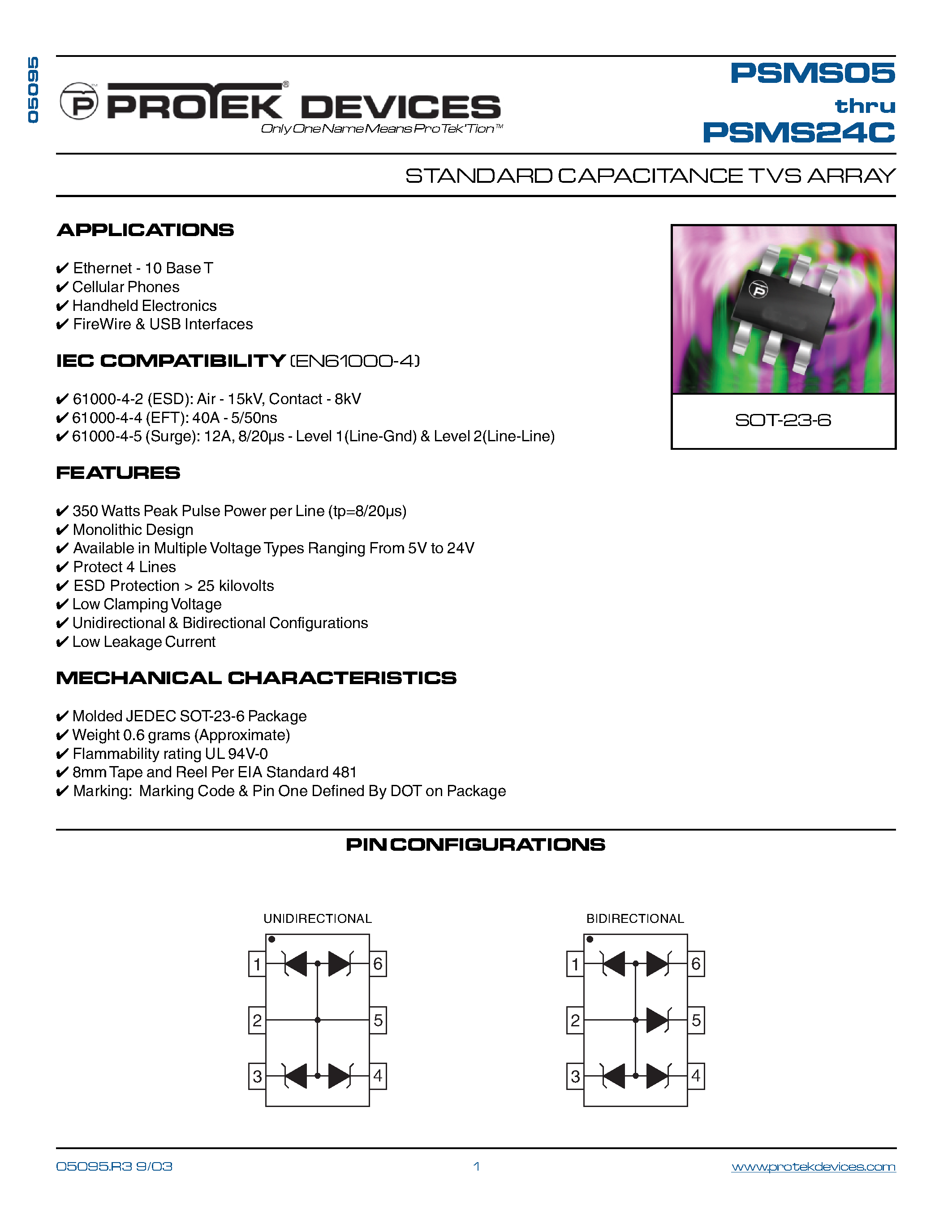 Даташит на микросхему PSMS05C страница 1 Даташит PSMS05C - STANDARD CAPACITANCE TVS ARRAY страница 1
