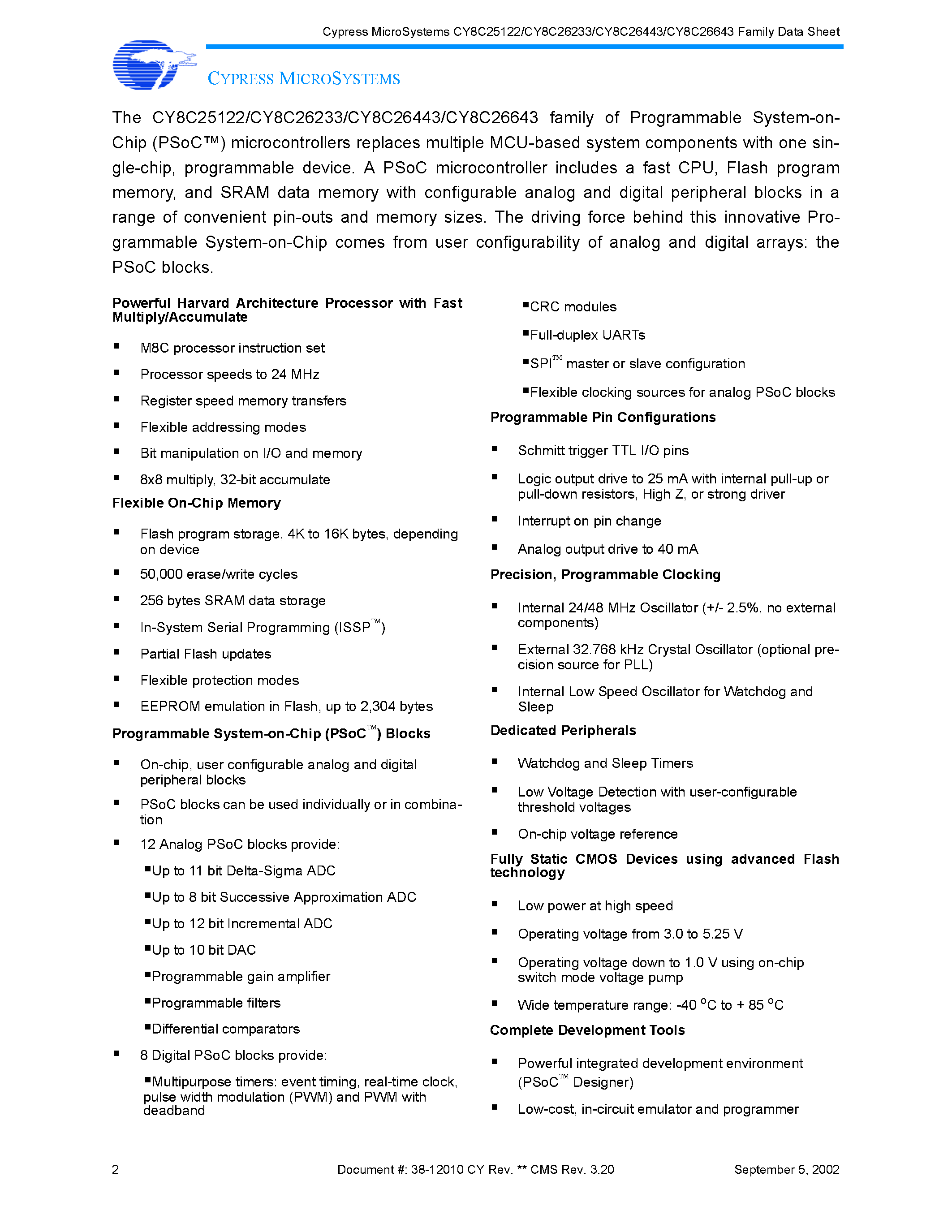 Даташит PSOC - 8-Bit Programmable System-on-Chip (PSoC) Microcontrollers страница 2