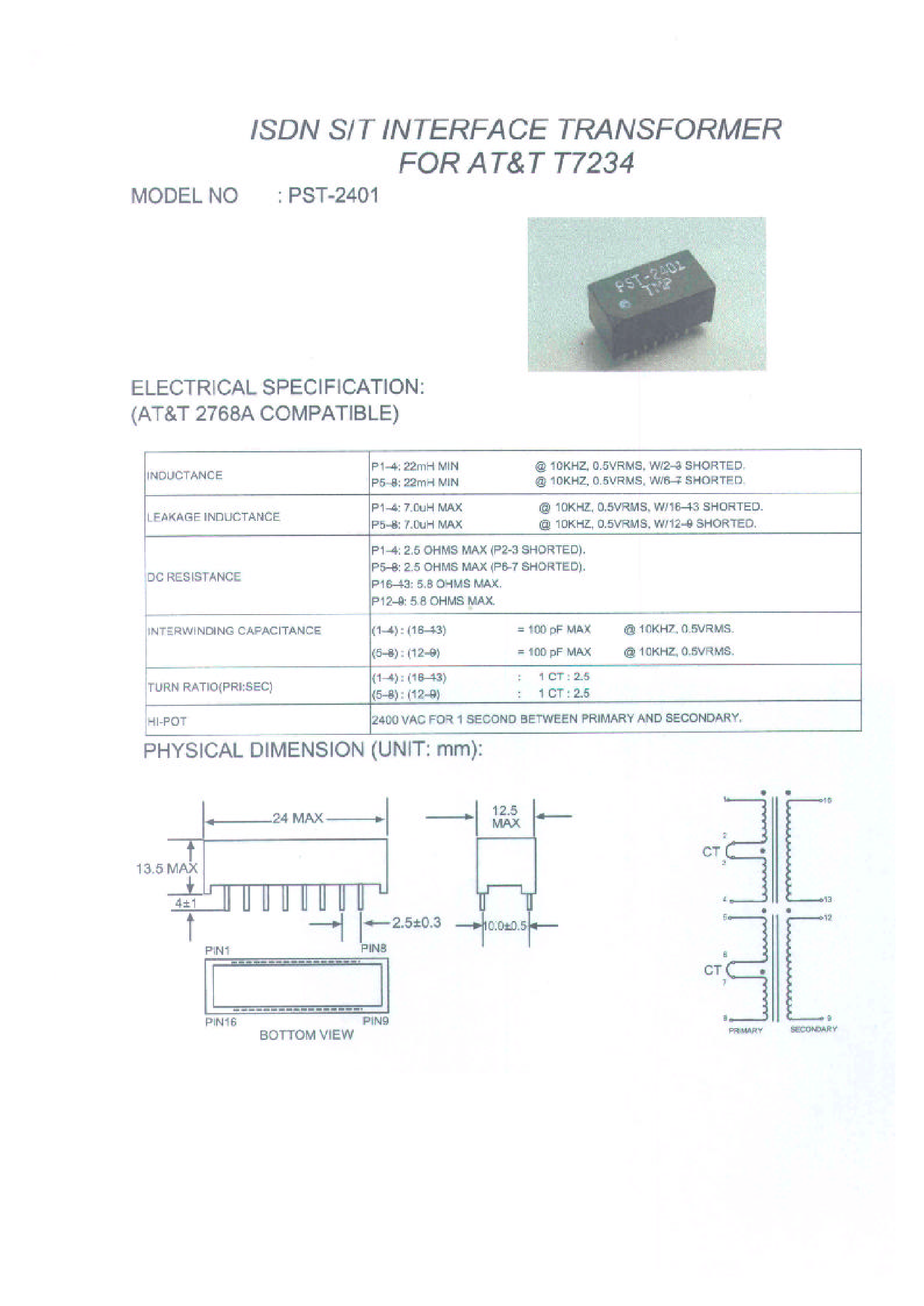 Datasheet PST-2401 - ISDN SIT INTERFACE TRANSFORMER FOR AT&T T7234 page 1