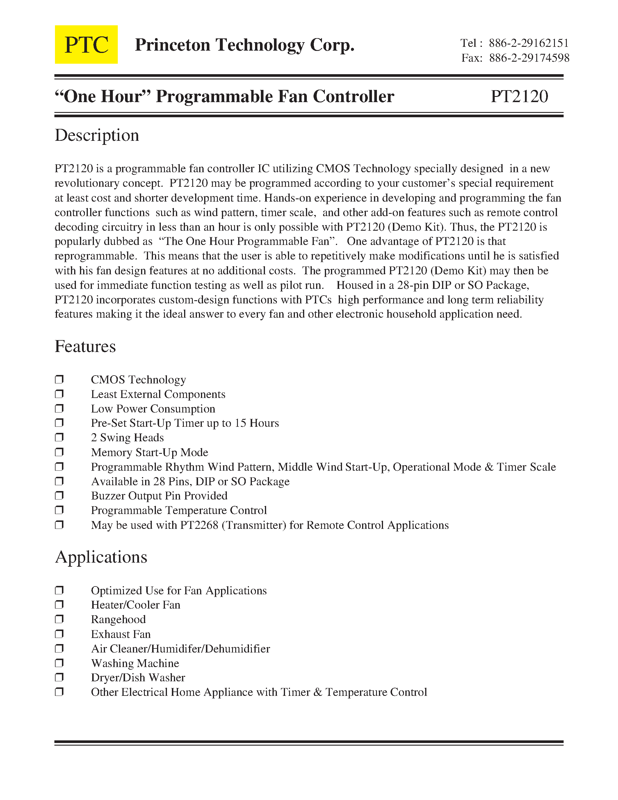 Datasheet PT2120-S - One Hour Programmable Fan Controller page 1