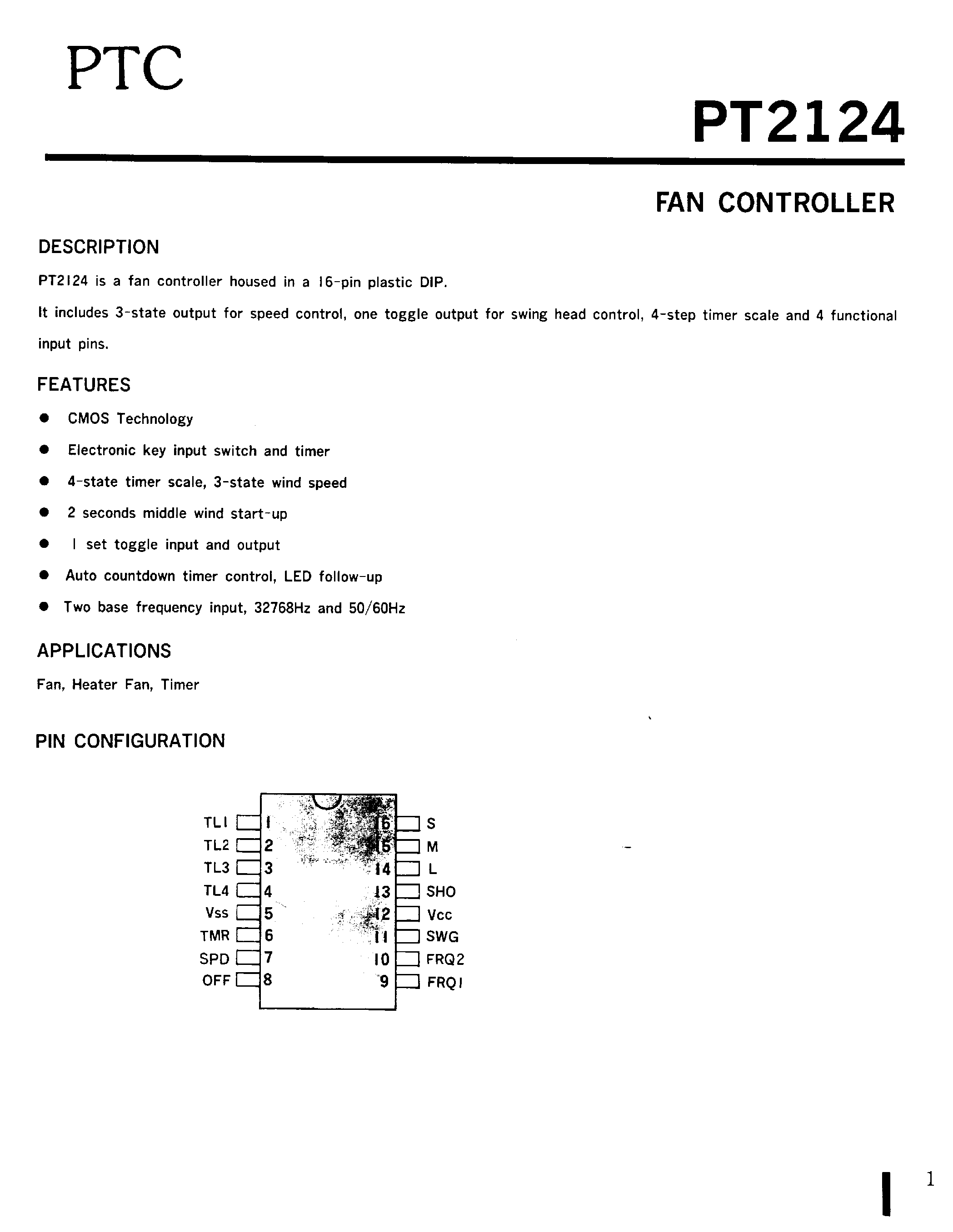 Datasheet PT2124 - FAN CONTROLLER page 1