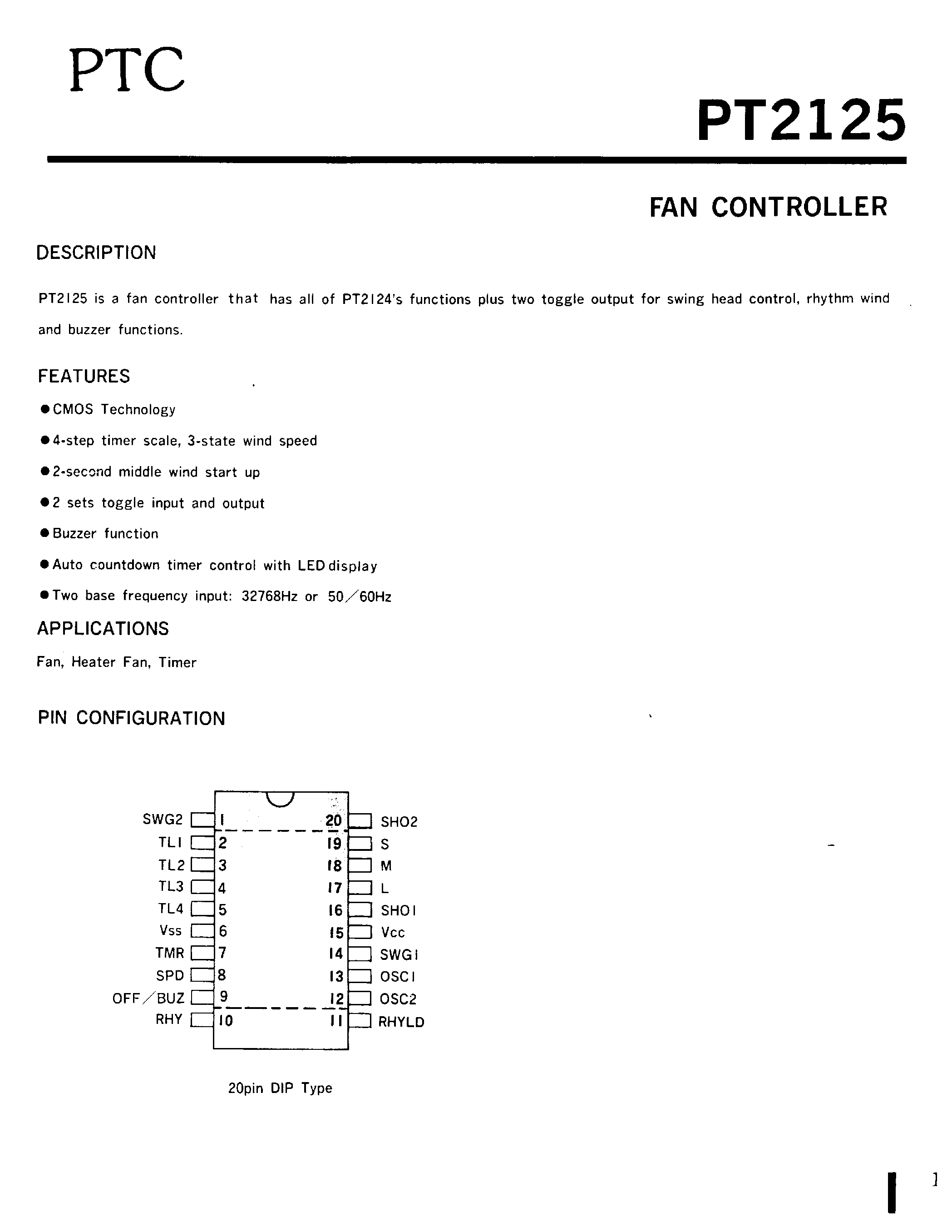 Datasheet PT2125 - FAN CONTROLLER page 1