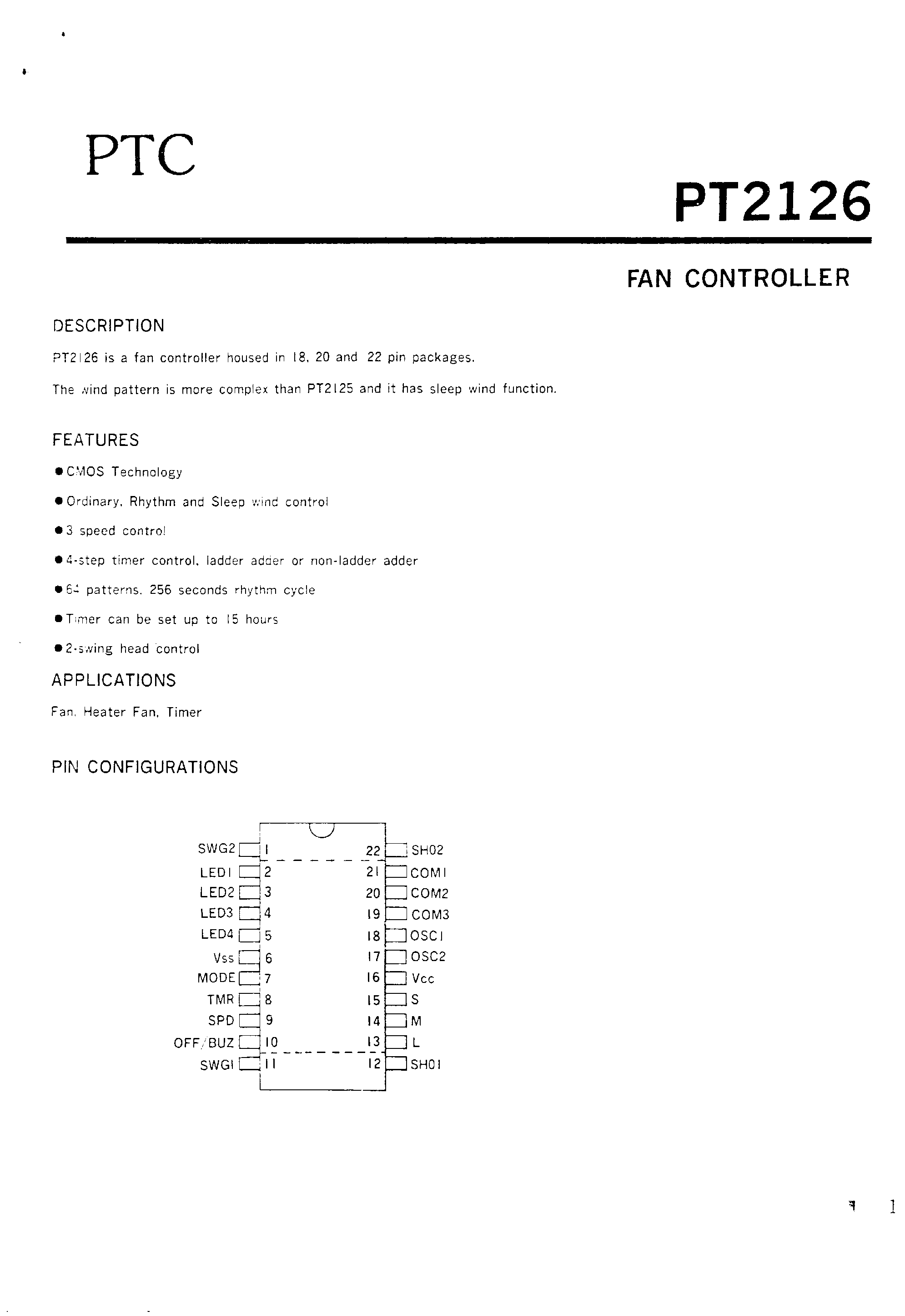 Datasheet PT2126 page 1 Datasheet PT2126 - FAN CONTROLLER page 1