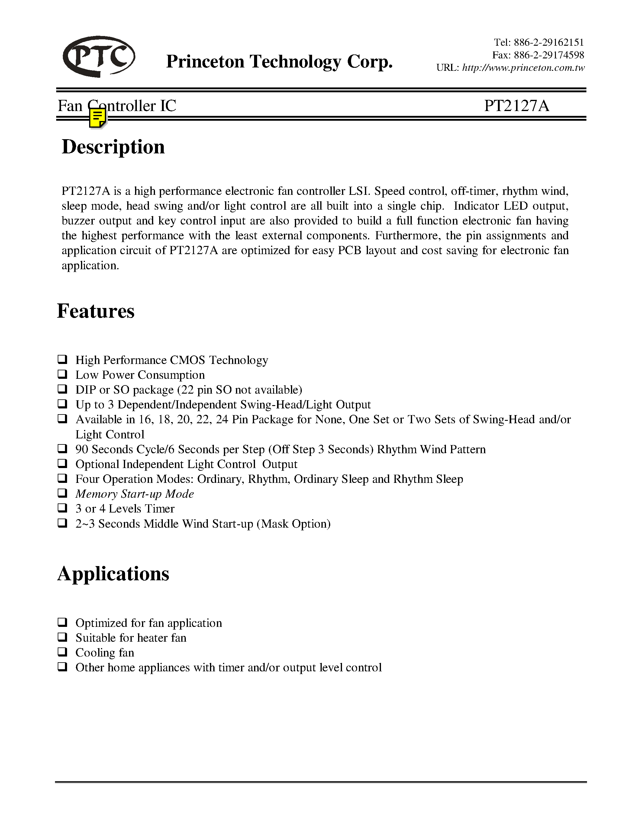 Datasheet PT2127A page 1 Datasheet PT2127A - Fan Controller IC page 1