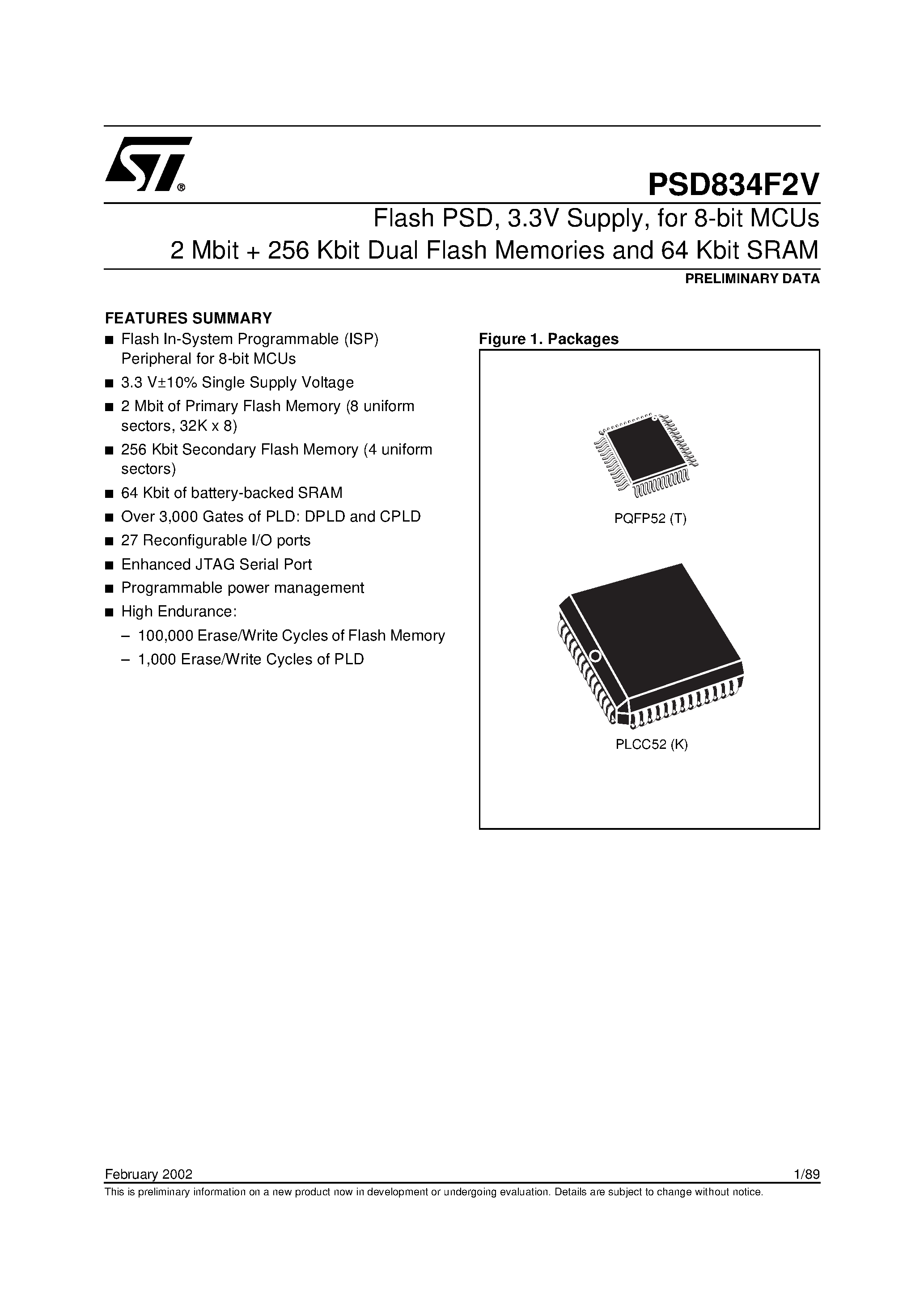 Datasheet PSD9342V10MT page 1 Datasheet PSD9342V10MT - Flash PSD / 3.3V Supply / for 8-bit MCUs 2 Mbit 256 Kbit Dual Flash Memories and 64 Kbit SRAM page 1