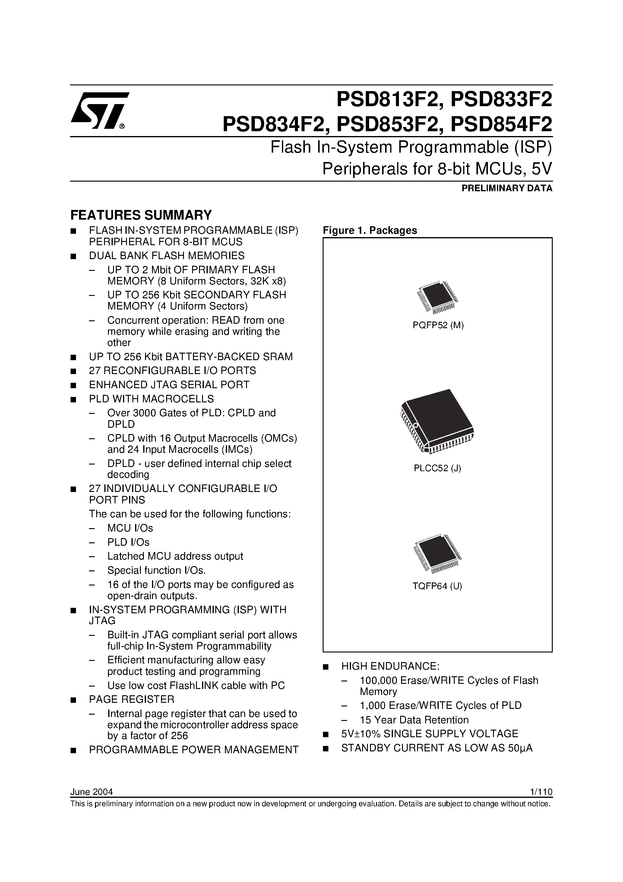 Даташит PSD9343V12JT - Flash In-System Programmable ISP Peripherals For 8-bit MCUs страница 1