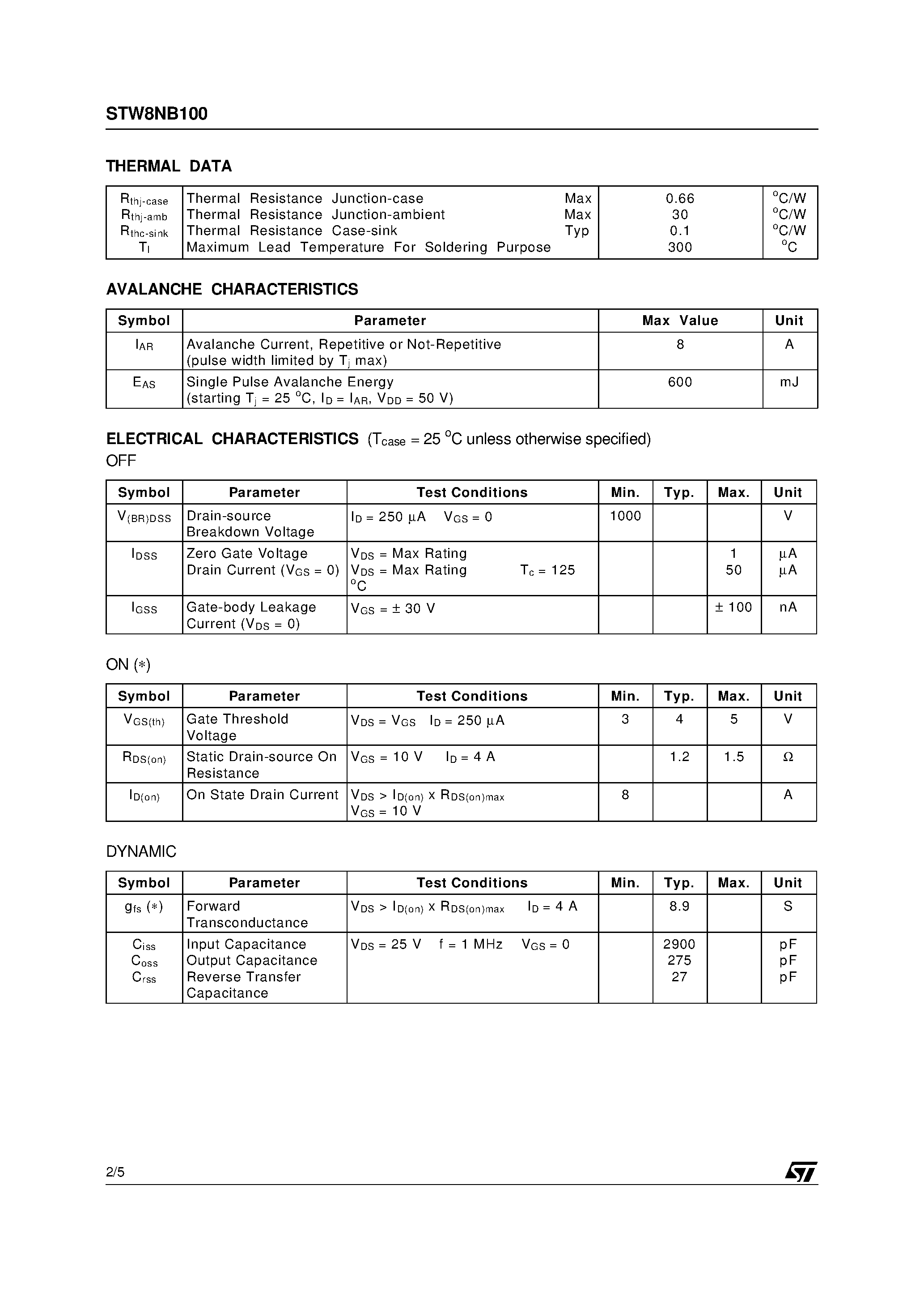 Datasheet STW8NB100 - N - CHANNEL 1000V - 1.2ohm- 8A - TO-247 PowerMESH MOSFET page 2