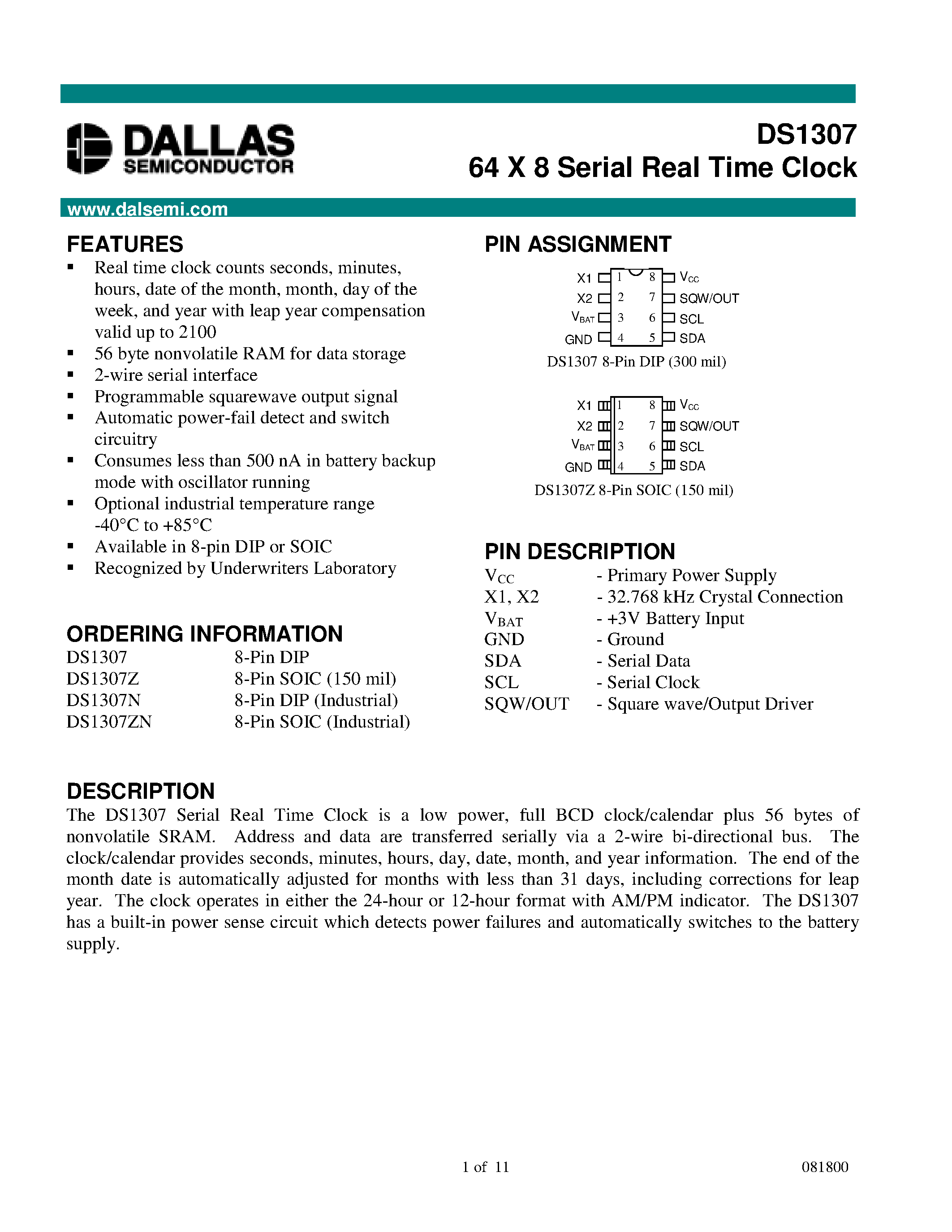 Даташит на микросхему DS1307 страница 1 Даташит DS1307 - 64 X 8 Serial Real Time Clock страница 1
