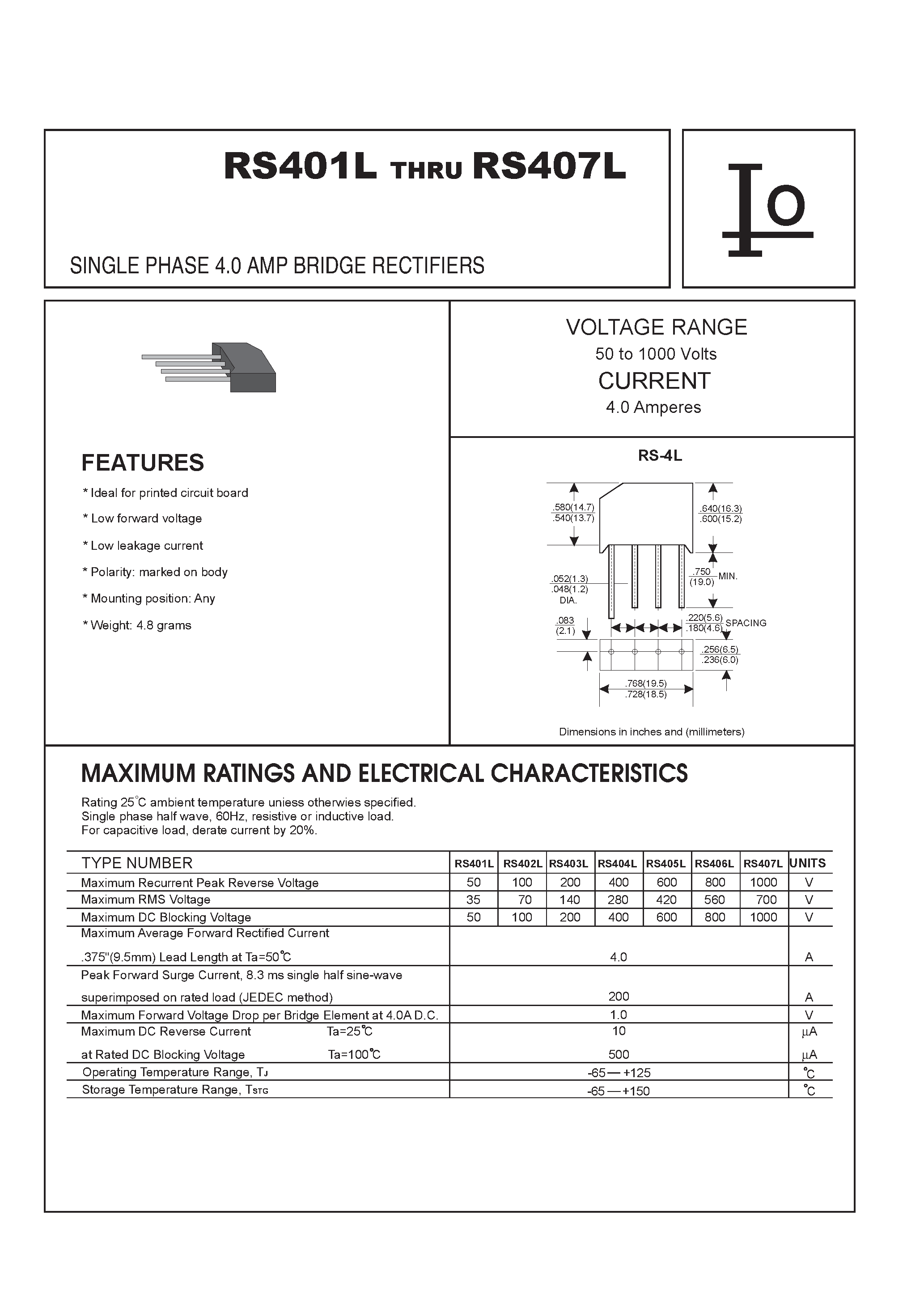 Datasheet RS403L - SINGLE PHASE 4.0 AMP BRIDGE RECTIFIERS page 1