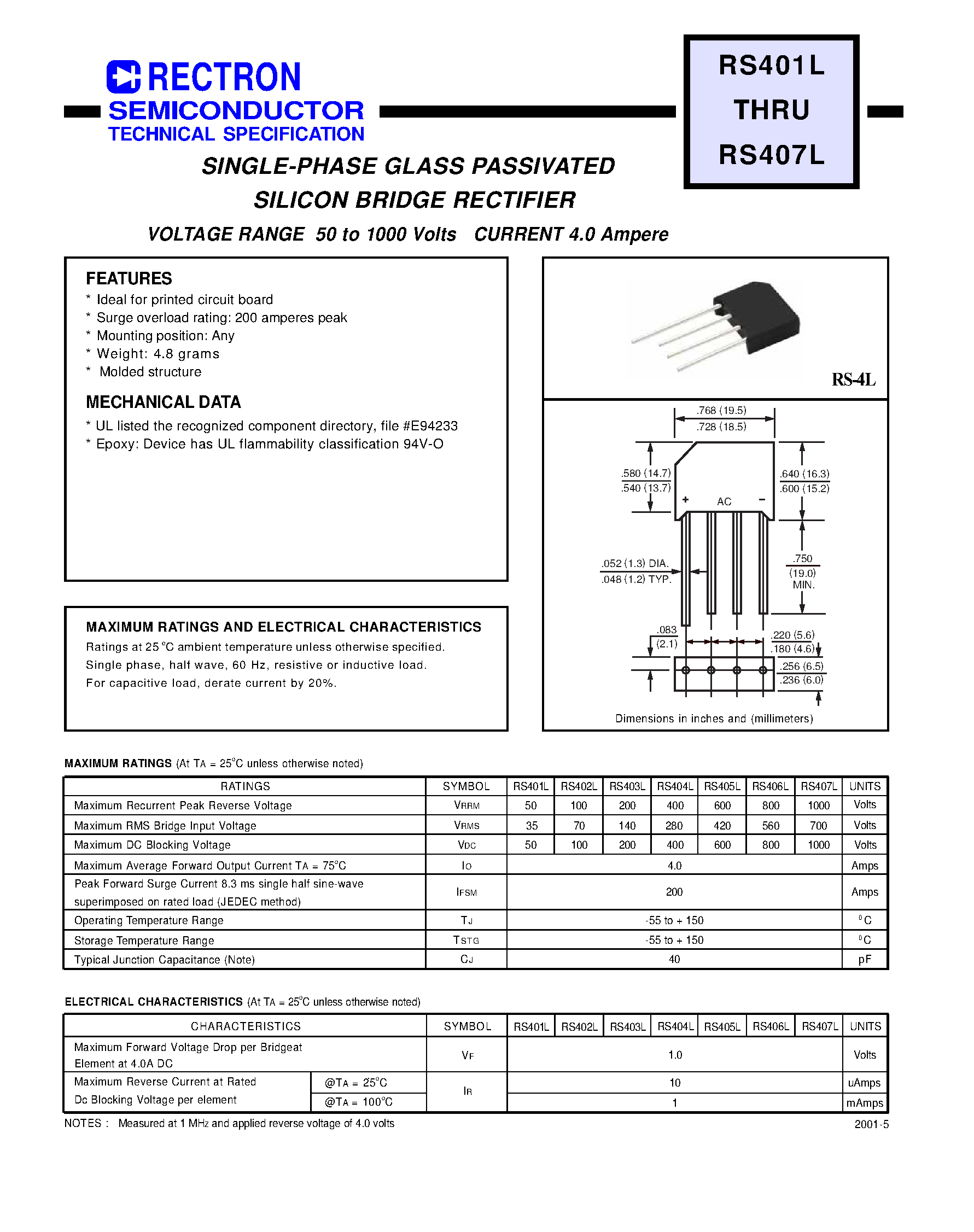 Datasheet RS403M page 1 Datasheet RS403M - SINGLE PHASE 4.0 AMP BRIDGE RECTIFIERS page 1