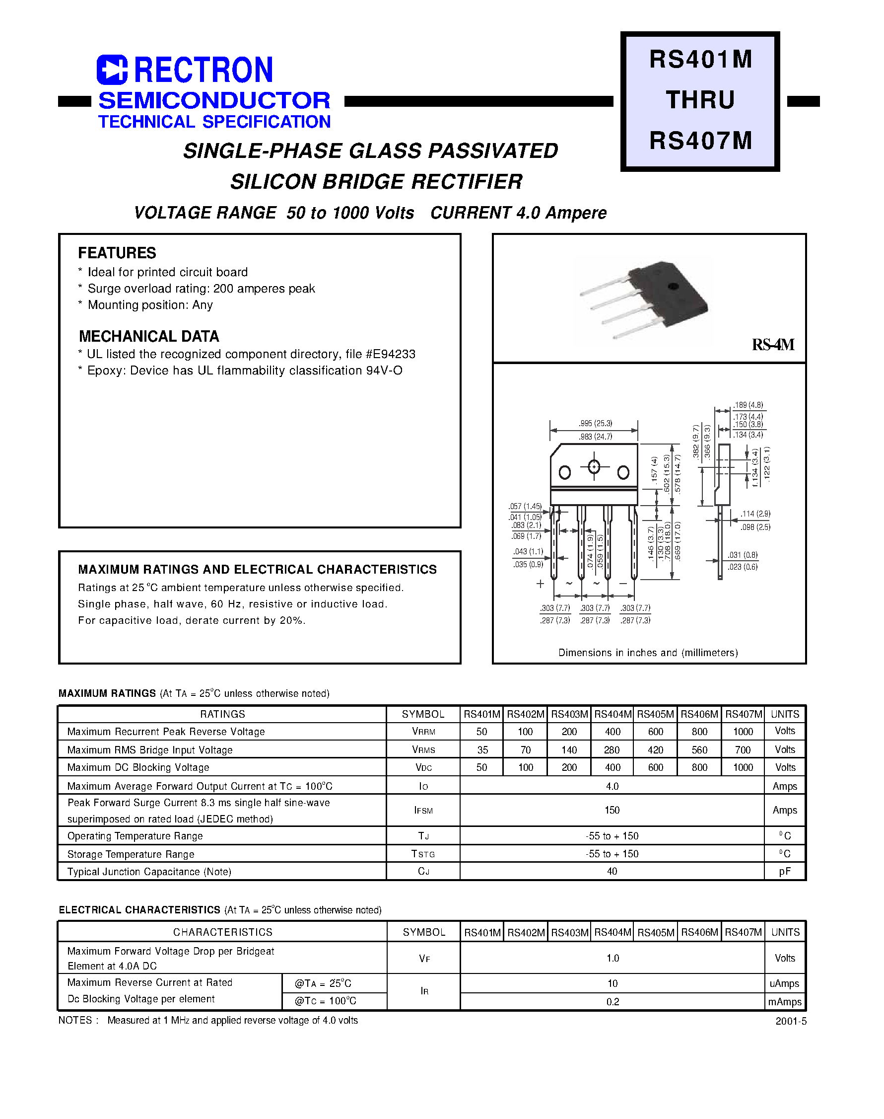 Datasheet RS404 - 4.0A BRIDGE RECTIFIERS page 1