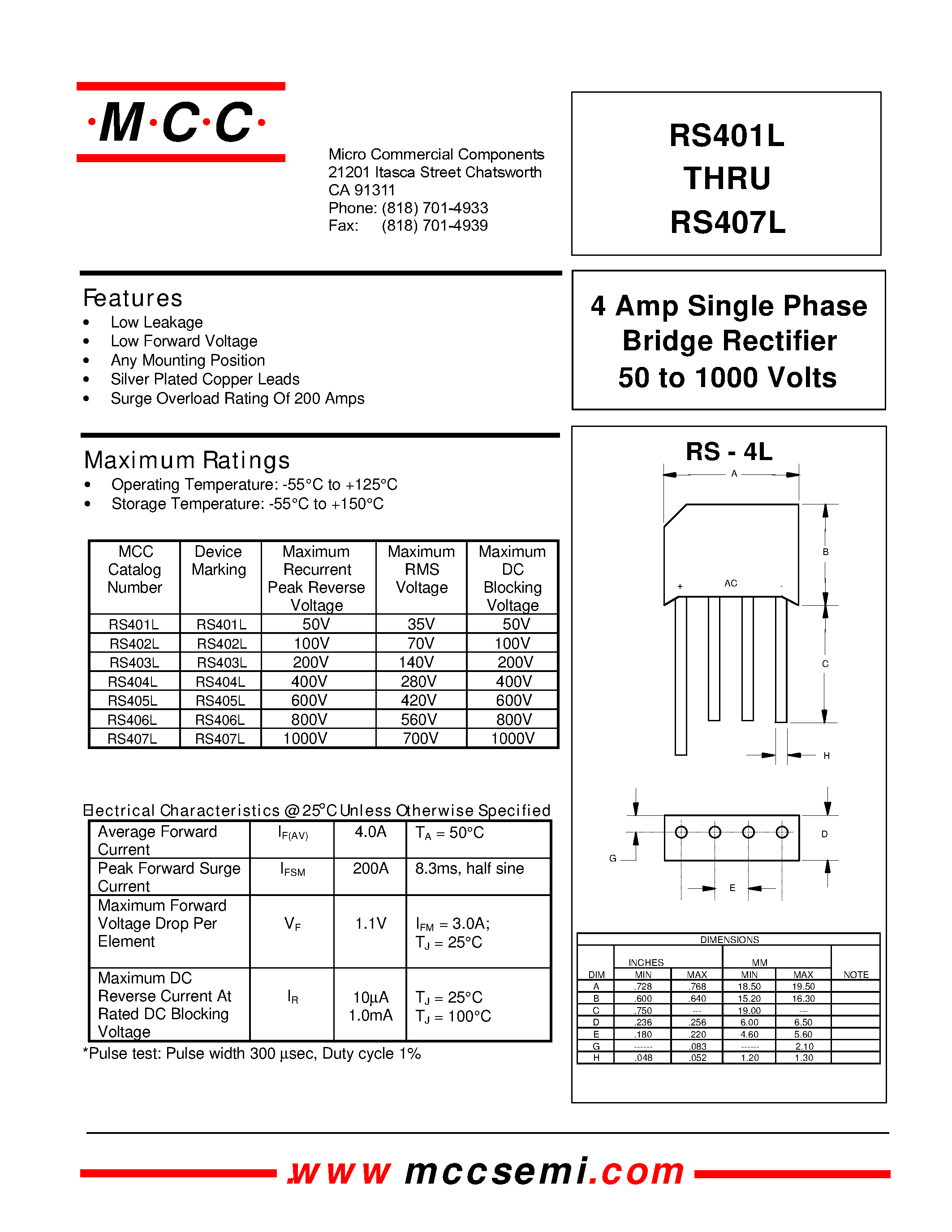 Datasheet RS404L - Bridge Rectifier 50 to 1000 Volts 4 Amp Single Phase page 1