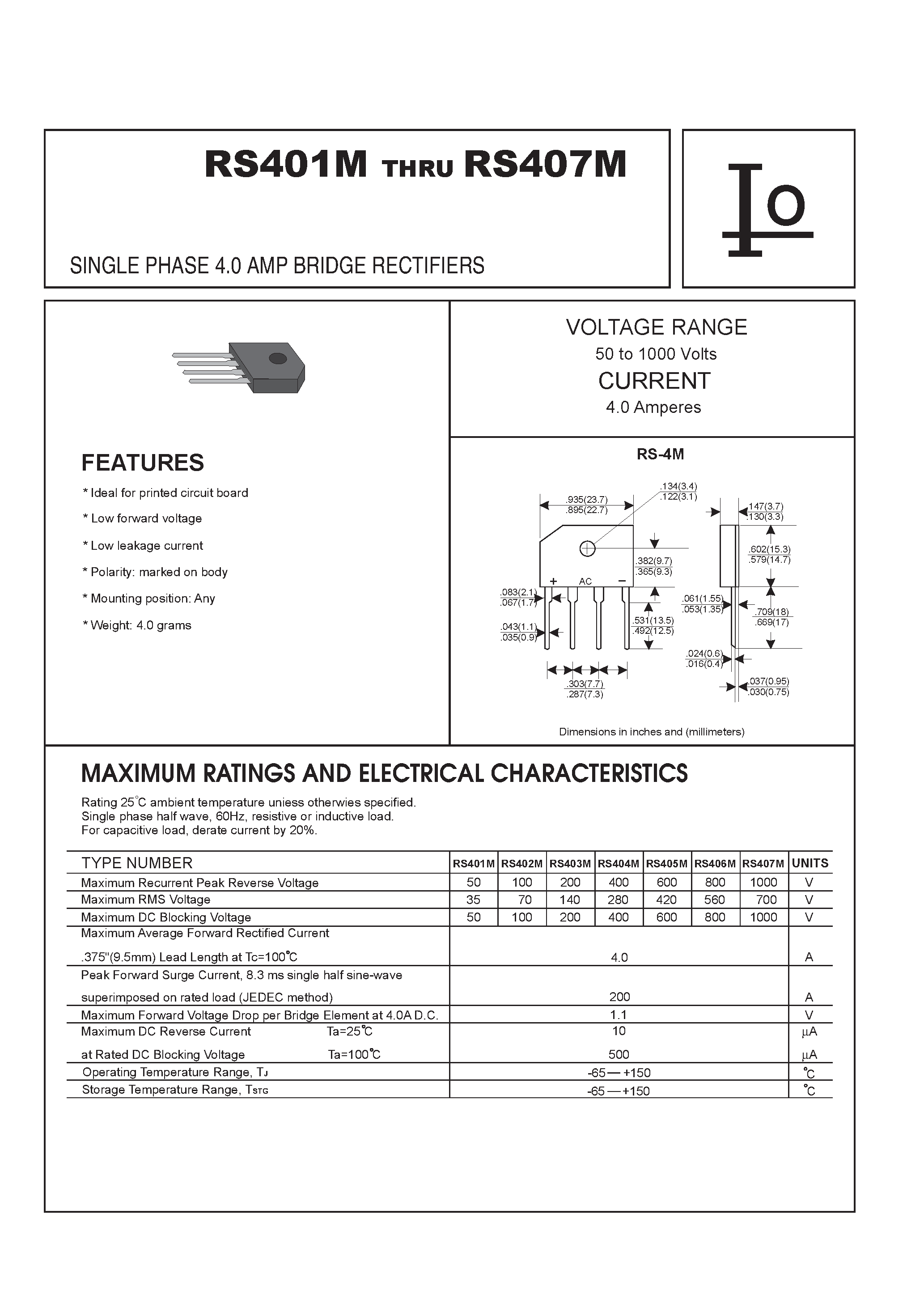 Datasheet RS404M page 1 Datasheet RS404M - SINGLE PHASE 4.0 AMP BRIDGE RECTIFIERS page 1