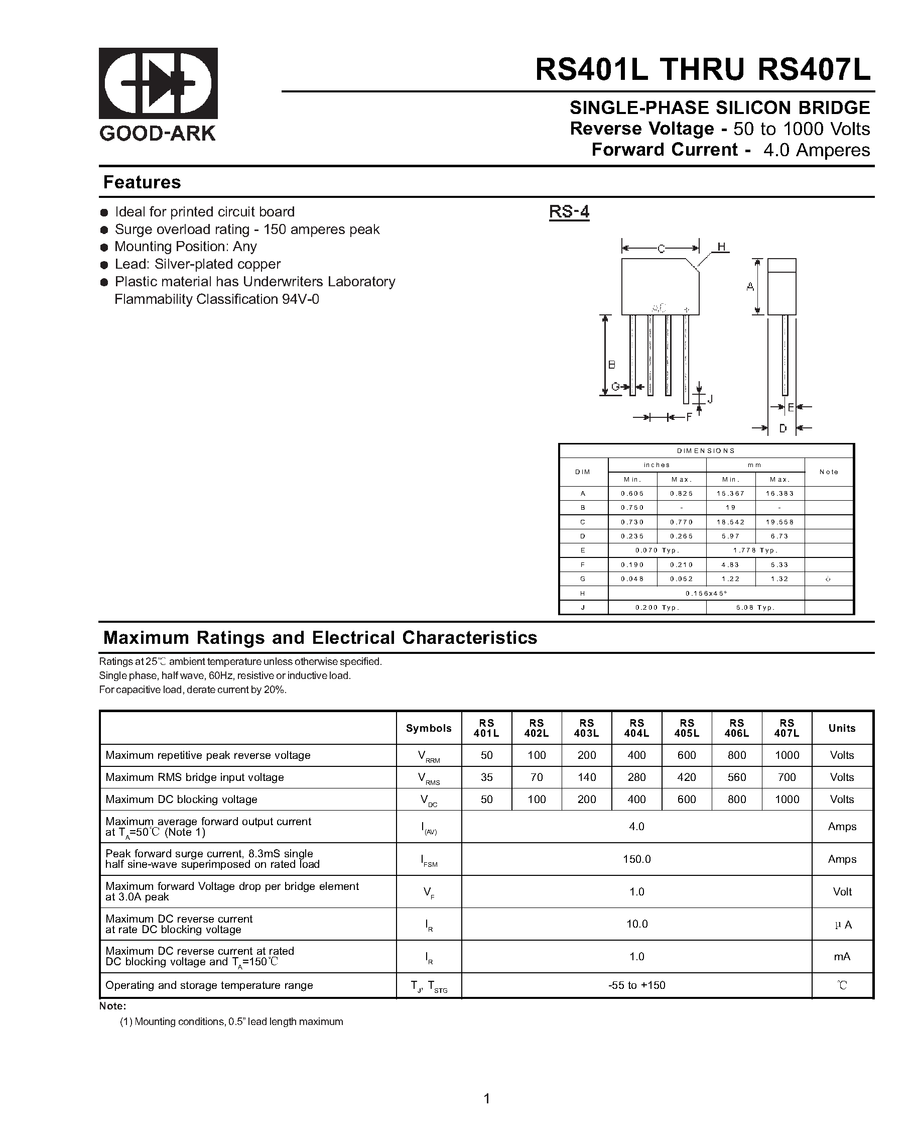Datasheet RS405L - SINGLE PHASE 4.0 AMP BRIDGE RECTIFIERS page 1