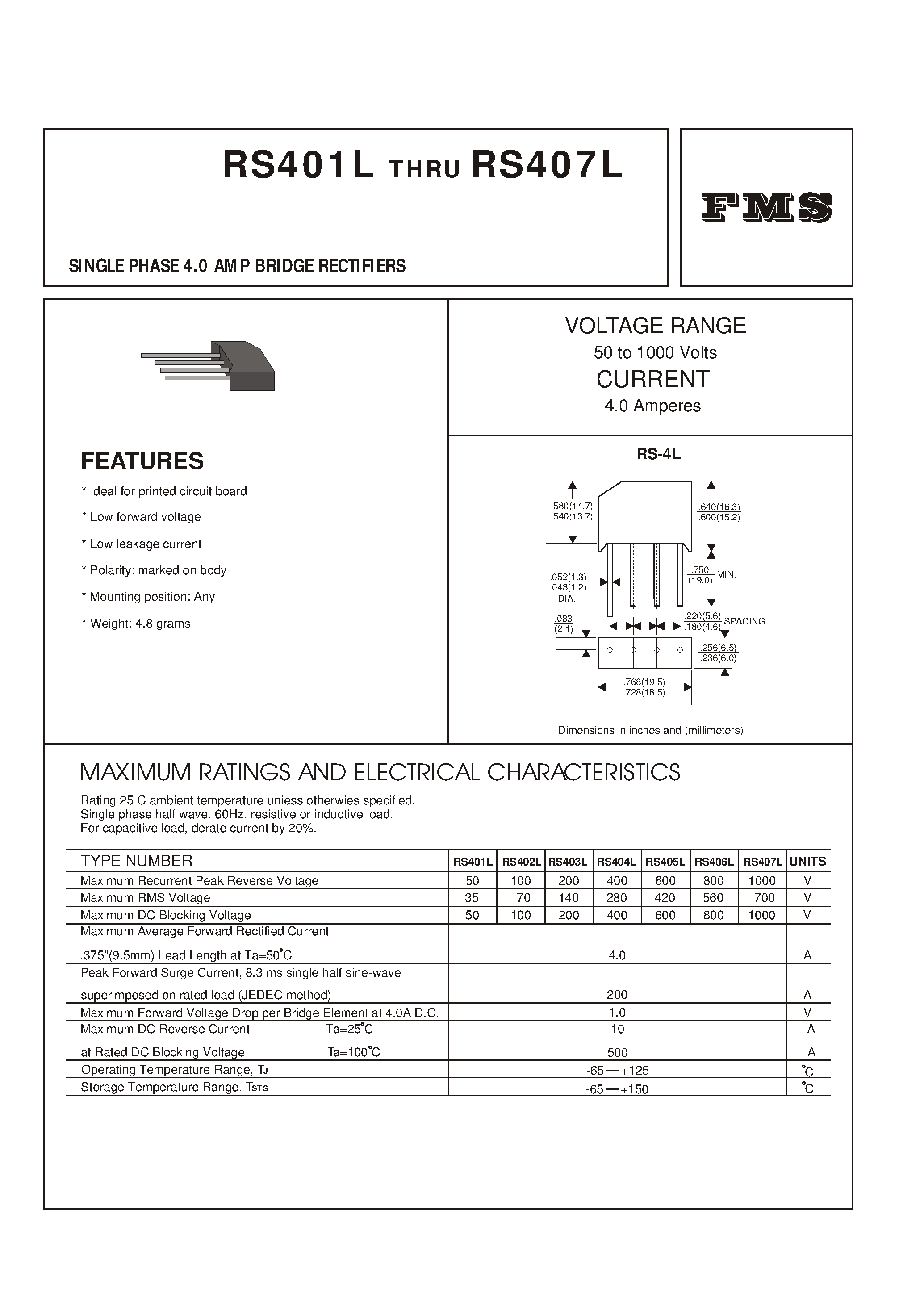 Datasheet RS406L - SINGLE PHASE 4.0 AMP BRIDGE RECTIFIERS page 1