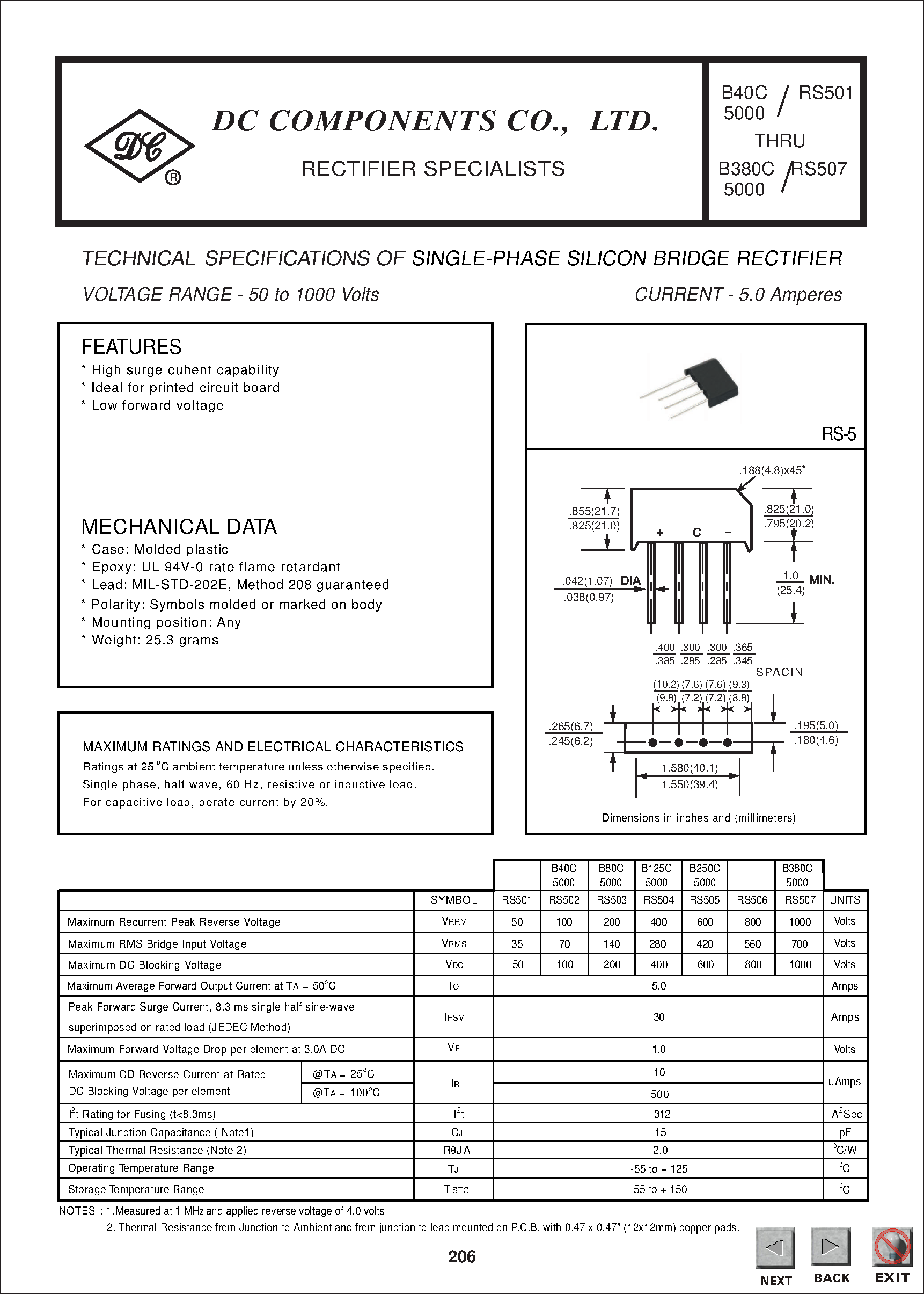 Datasheet RS407L - SINGLE-PHASE GLASS PASSIVATED SILICON BRIDGE RECTIFIER (VOLTAGE RANGE 50 to 1000 Volts CURRENT 4.0 Ampere) page 1