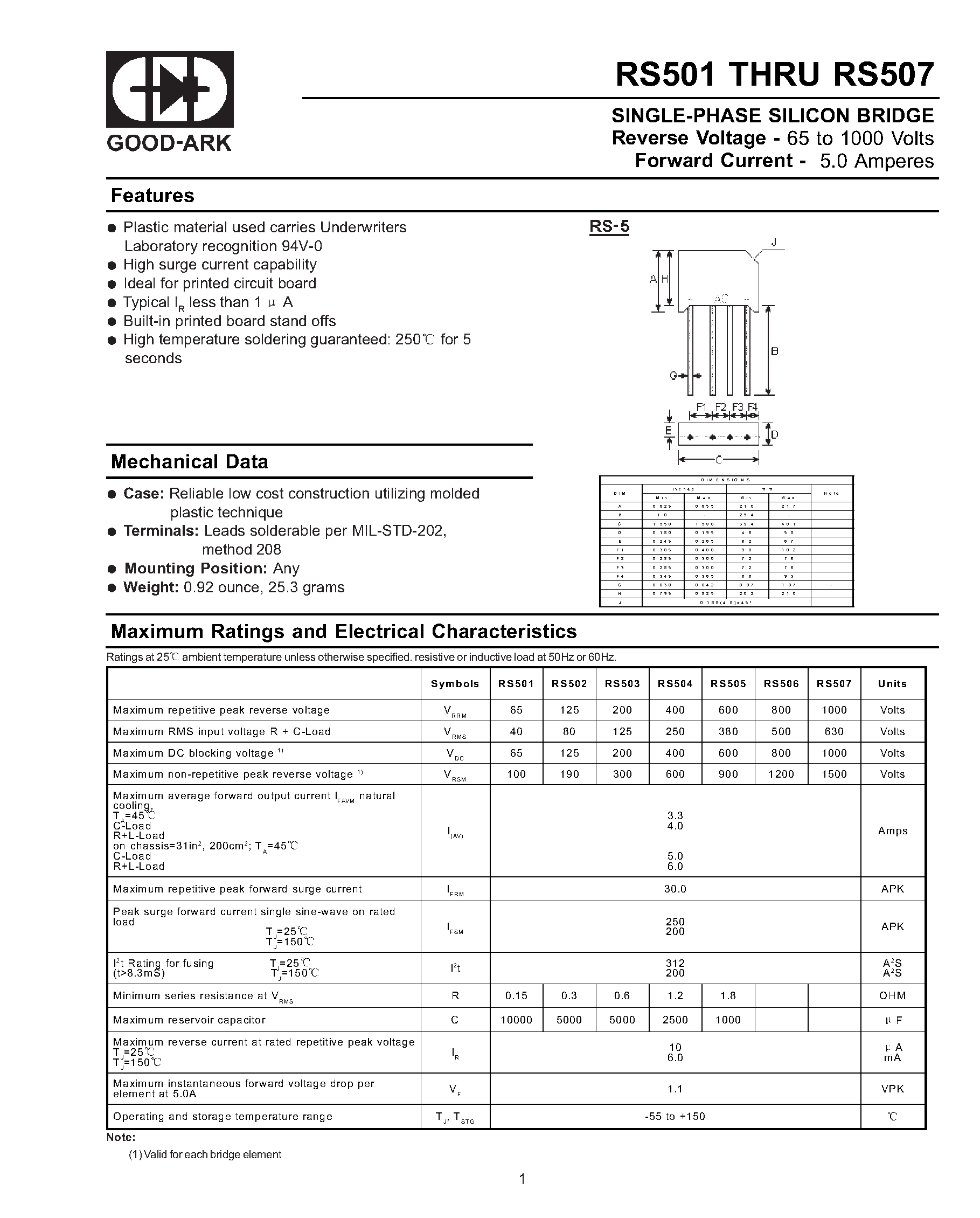 Даташит на микросхему RS408 страница 1 Даташит RS408 - TECHNICAL SPECIFICATIONS OF SINGLE-PHASE SILICON BRIDGE RECTIFIER страница 1