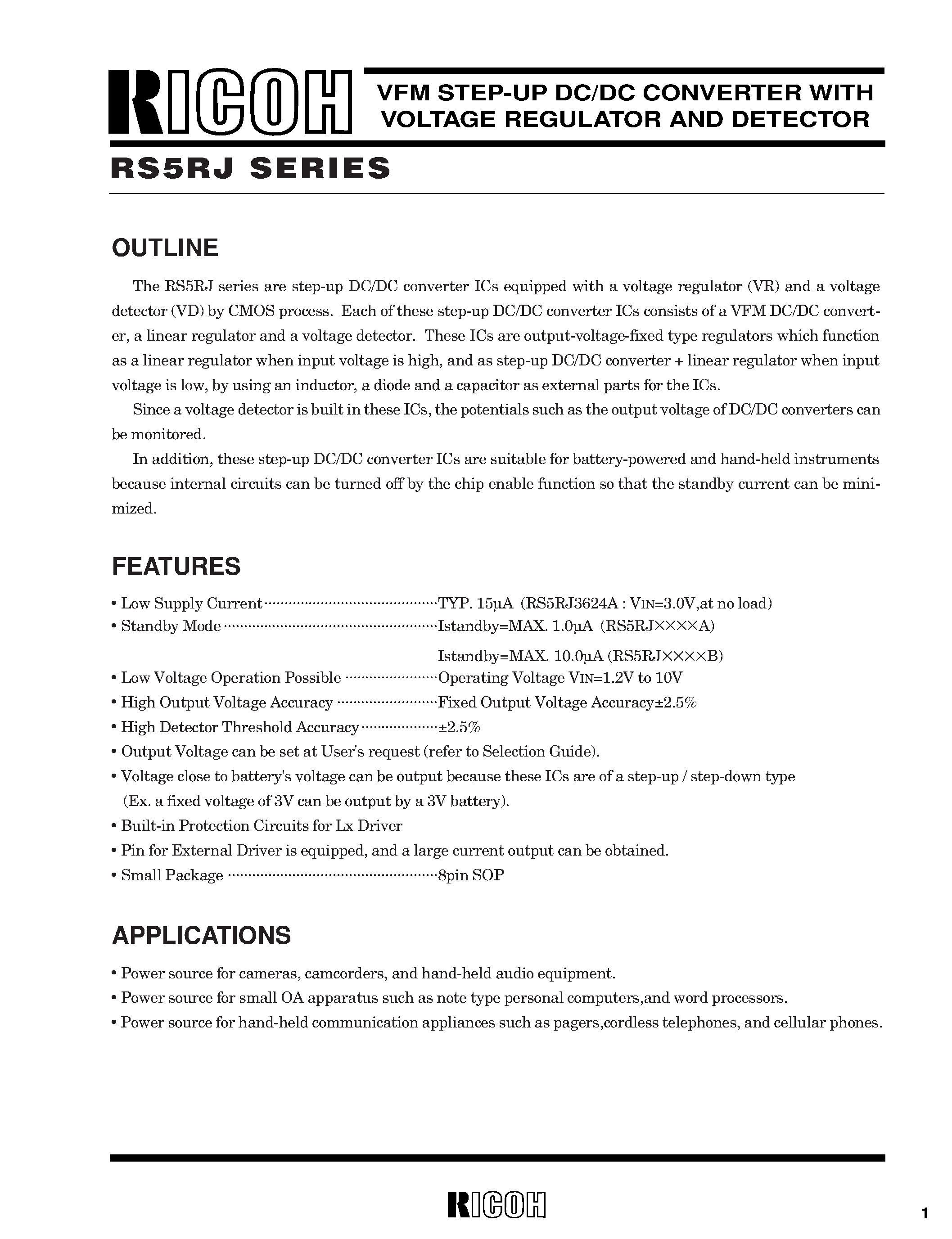Datasheet RS5RJ4036B-T2 - VFM STEP-UP DC/DC CONVERTER WITH VOLTAGE REGULATOR AND DETECTOR page 2