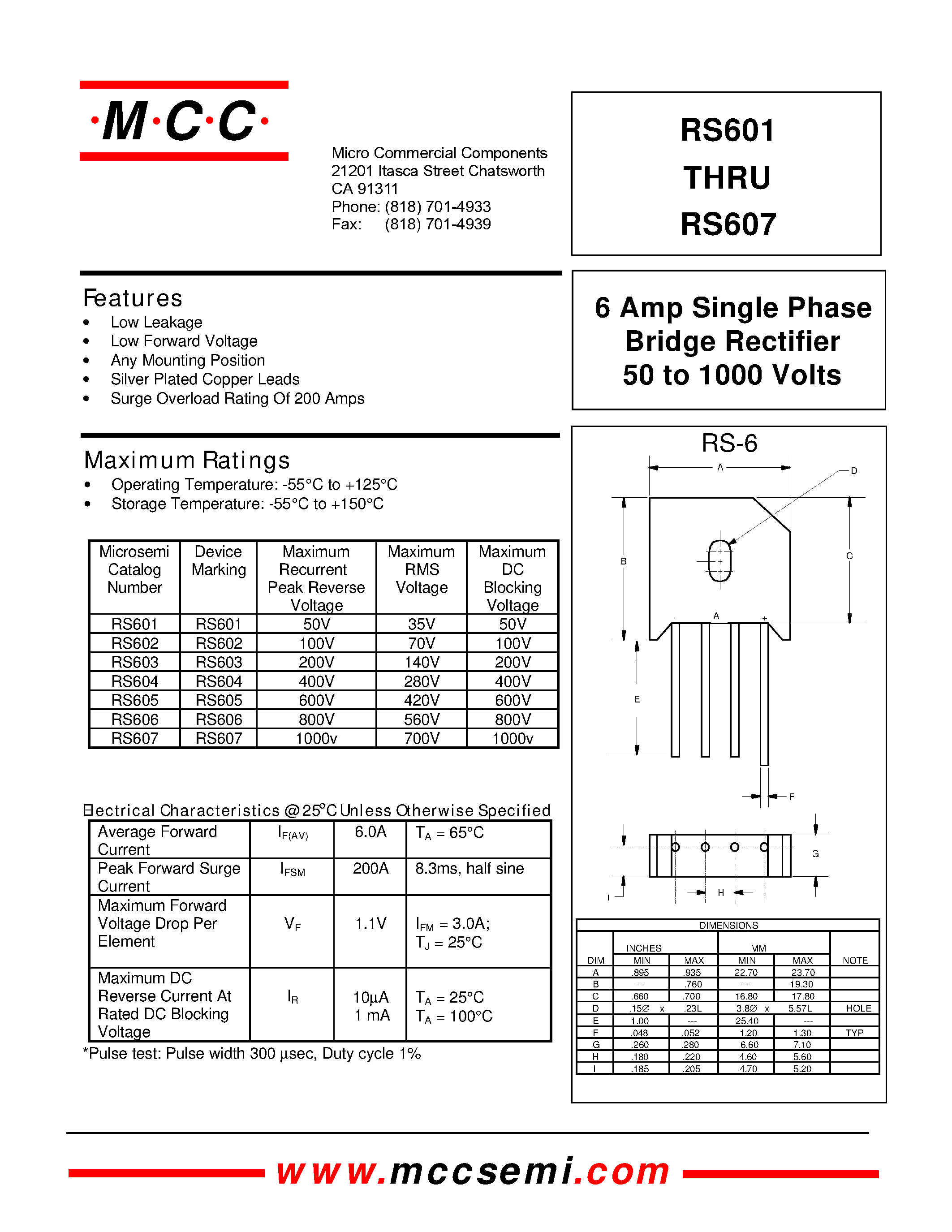 Datasheet RS601 - SINGLE PHASE 6.0 AMP BRIDGE RECTIFIERS page 1