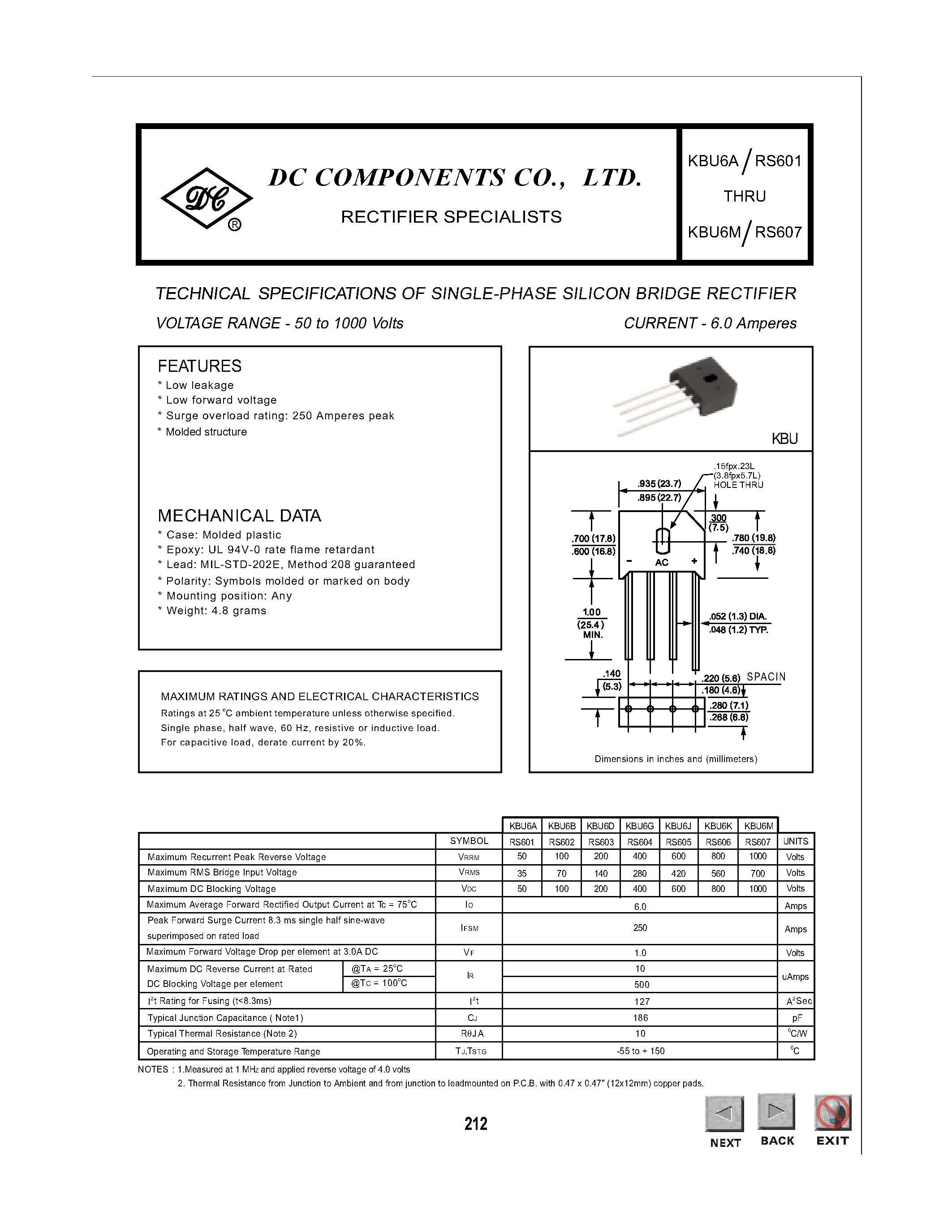 Datasheet RS603M - SINGLE-PHASE SILICON BRIDGE RECTIFIER (VOLTAGE RANGE 50 to 1000 Volts CURRENT 6.0 Amperes) page 1