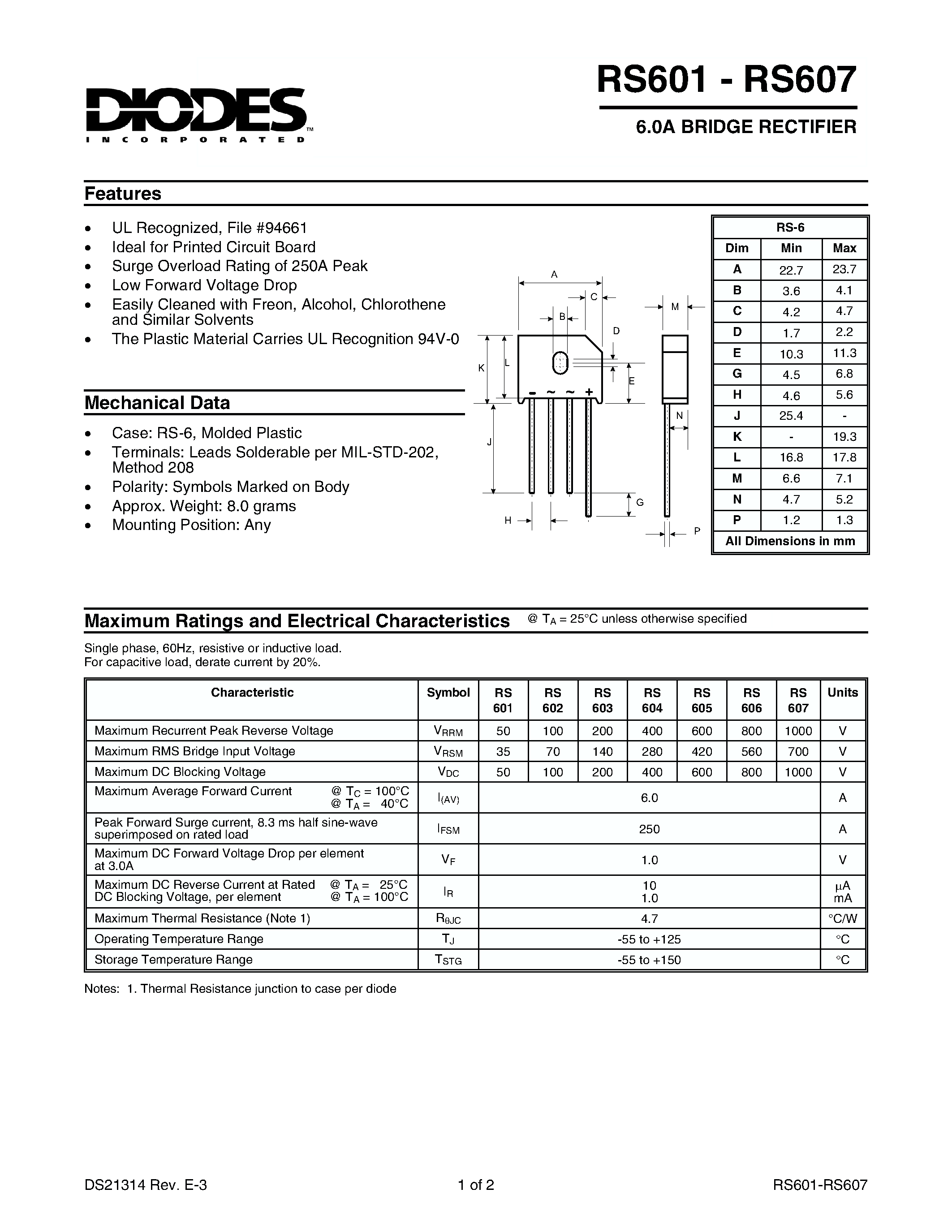 Datasheet RS604 - 6.0A BRIDGE RECTIFIERS page 1