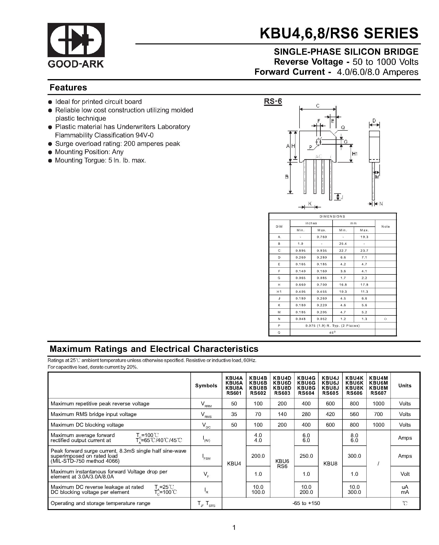 Datasheet RS604 page 1 Datasheet RS604 - SINGLE PHASE 6.0 AMP BRIDGE RECTIFIERS page 1
