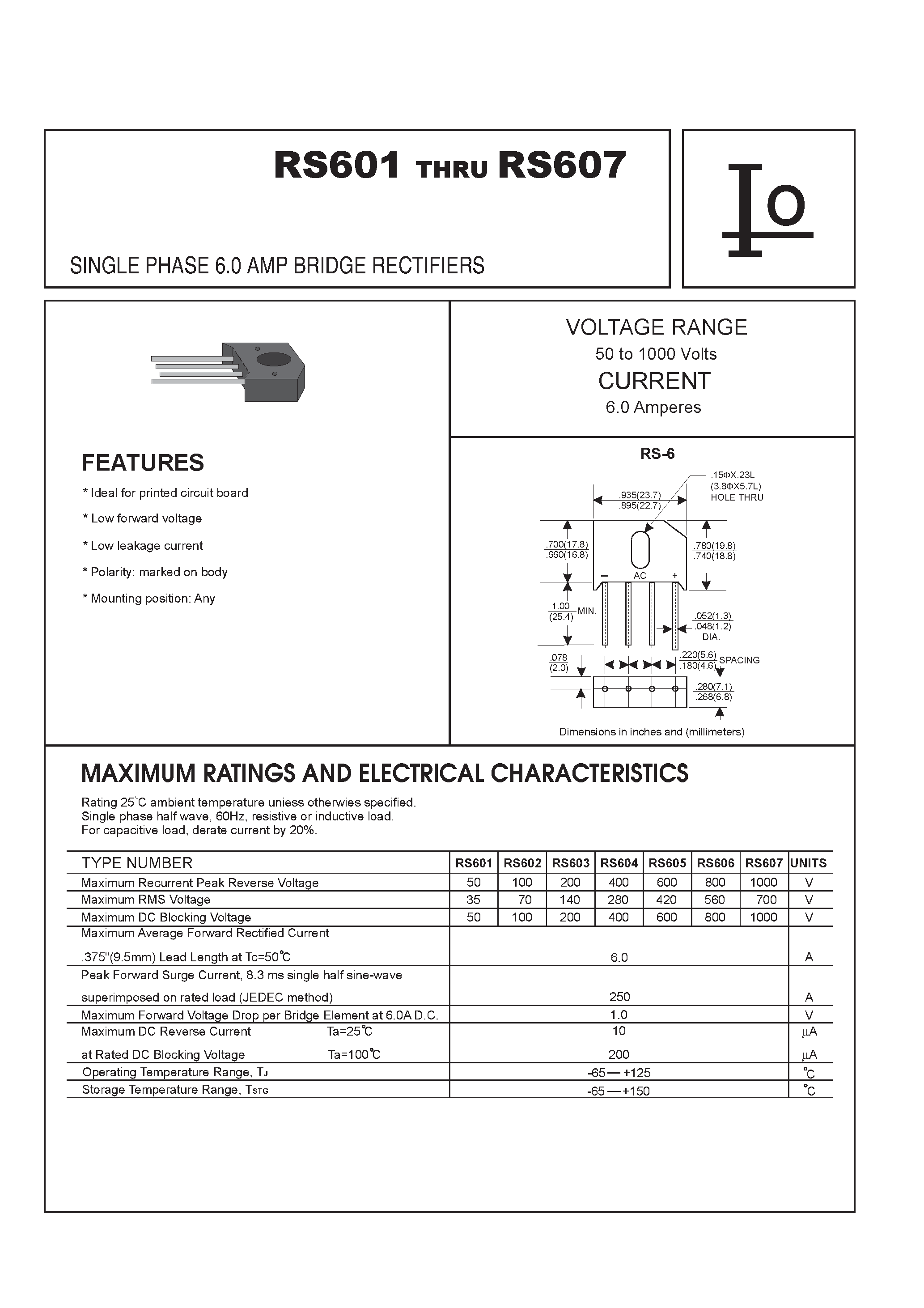 Datasheet RS604 - SINGLE-PHASE SILICON BRIDGE RECTIFIER (VOLTAGE RANGE 50 to 1000 Volts CURRENT 6.0 Amperes) page 1
