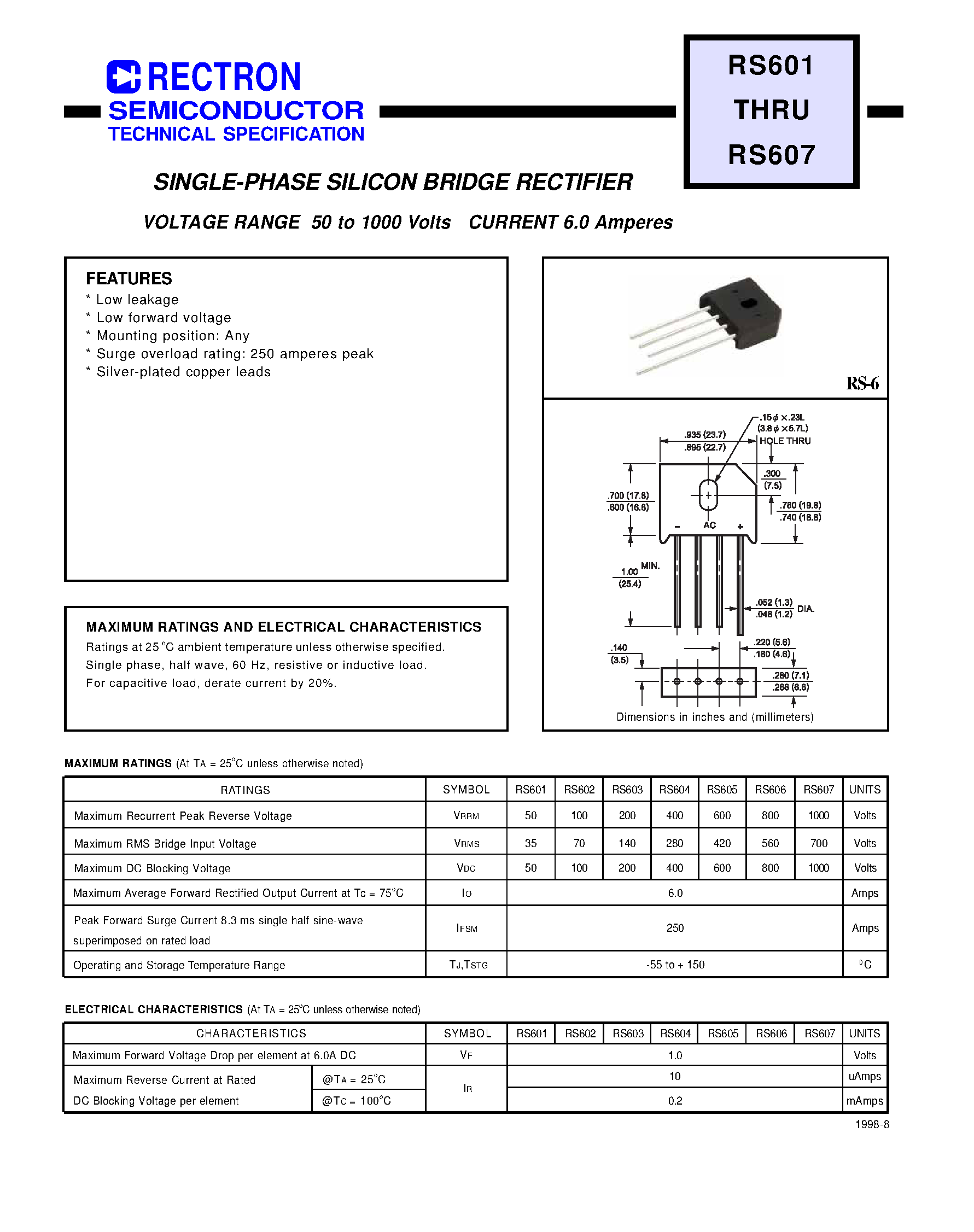 Datasheet RS604M - SINGLE PHASE 6.0 AMP BRIDGE RECTIFIERS page 1