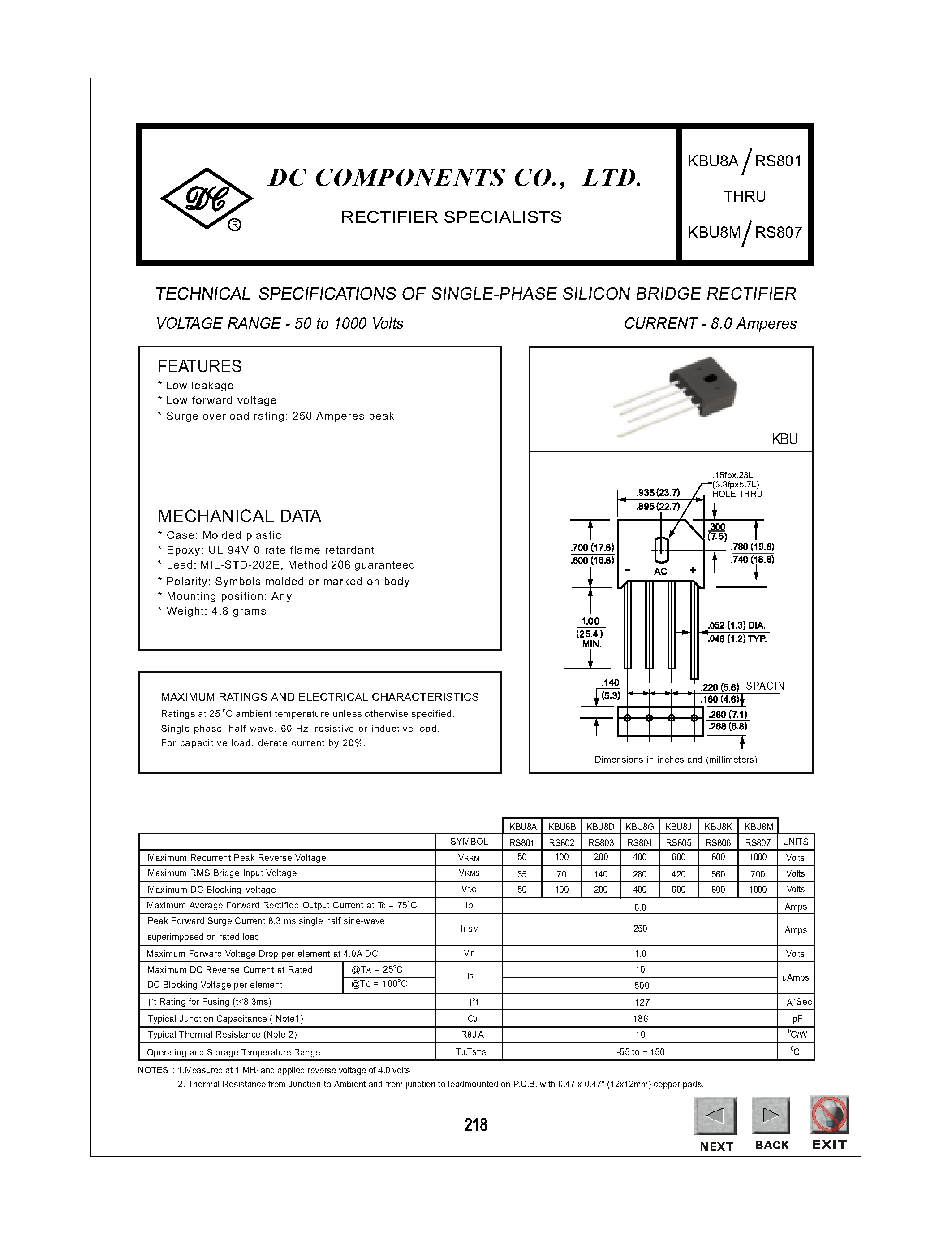 Datasheet RS801 page 1 Datasheet RS801 - 8 Amp Single Phase Bridge Rectifier 50 to 1000 Volts page 1