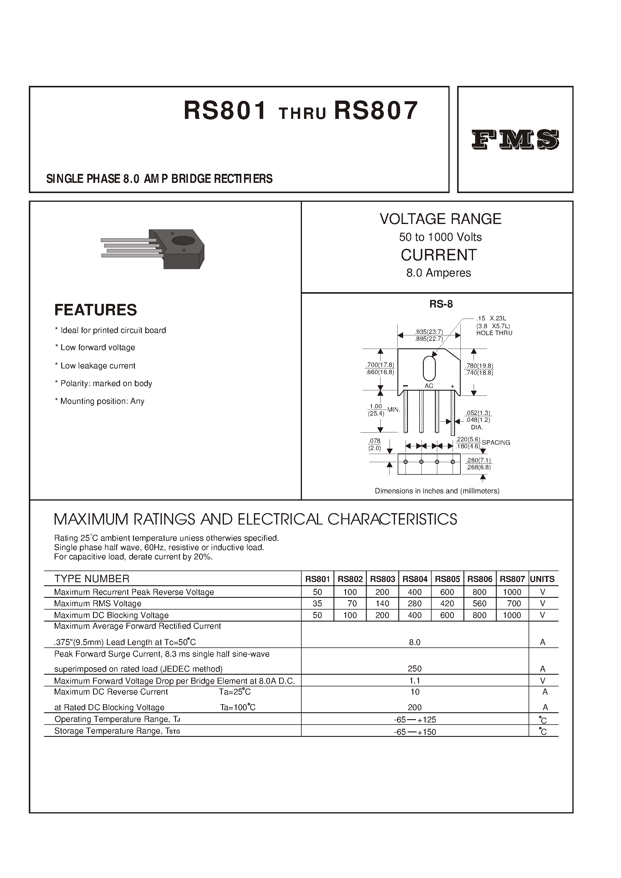 Datasheet RS802 page 1 Datasheet RS802 - SINGLE PHASE 8.0 AMP BRIDGE RECTIFIERS page 1