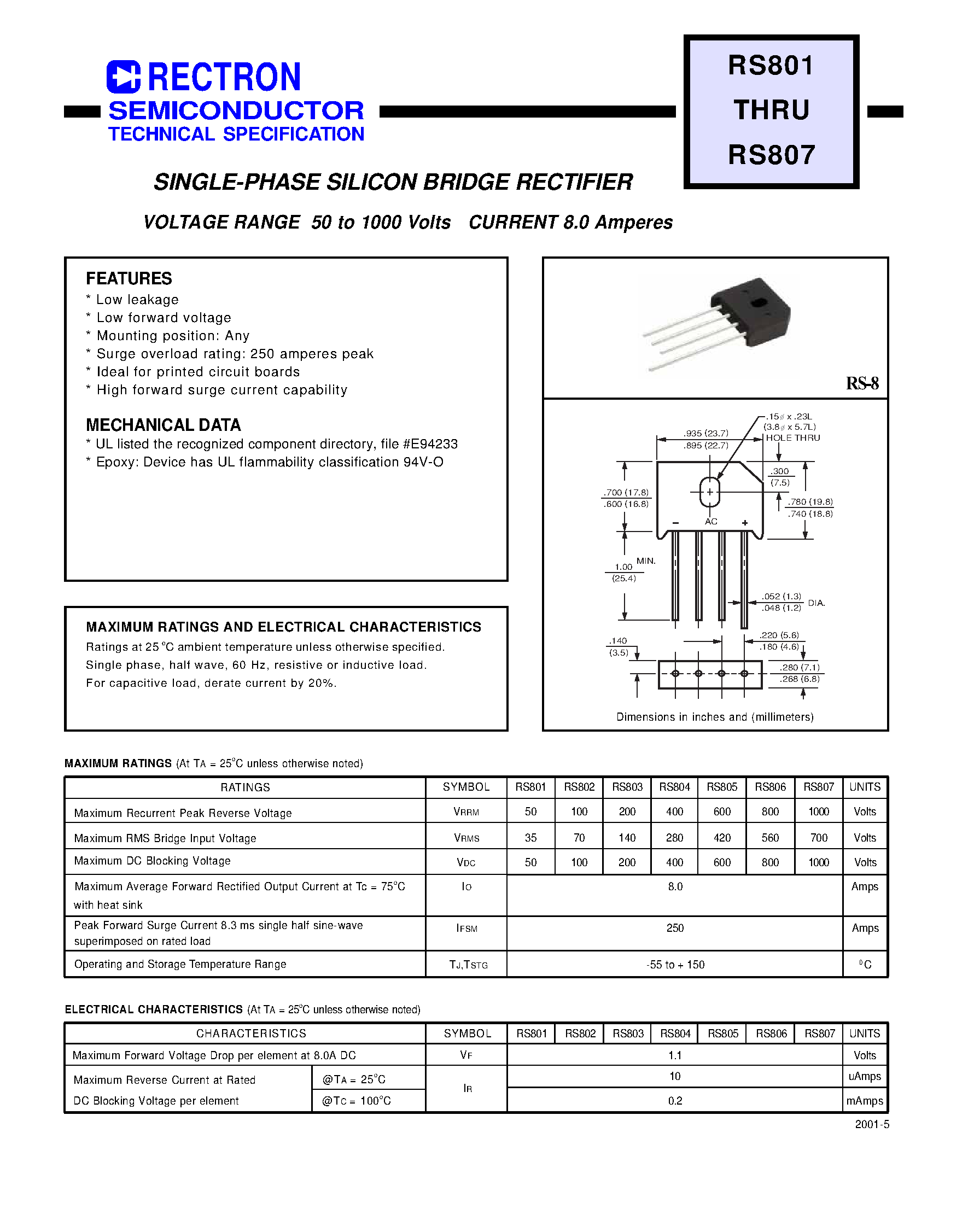 Datasheet RS803 - SINGLE PHASE 8.0 AMP BRIDGE RECTIFIERS page 1