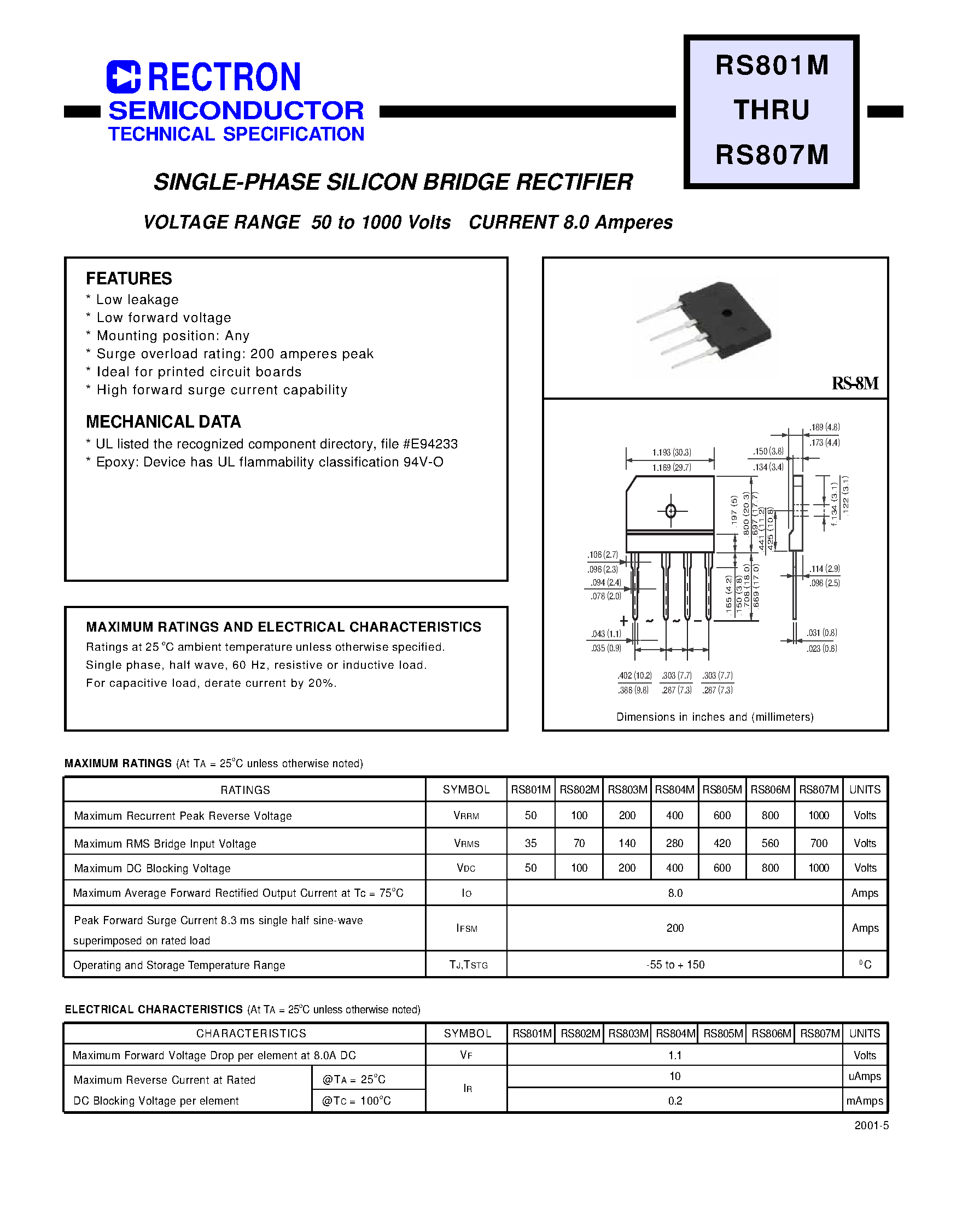 Datasheet RS803M page 1 Datasheet RS803M - SINGLE PHASE 8.0 AMP BRIDGE RECTIFIERS page 1