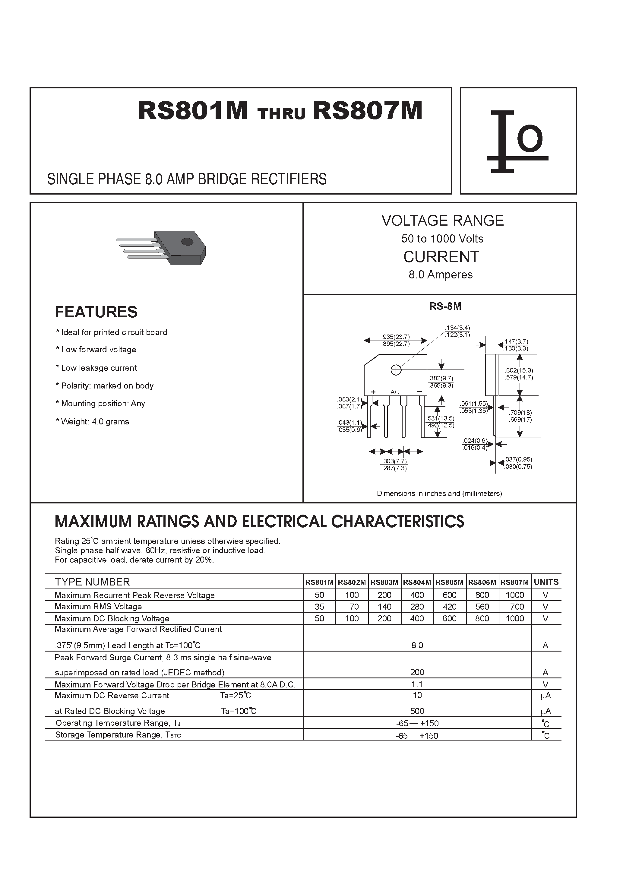 Даташит на микросхему RS805 страница 1 Даташит RS805 - TECHNICAL SPECIFICATIONS OF SINGLE-PHASE SILICON BRIDGE RECTIFIER страница 1