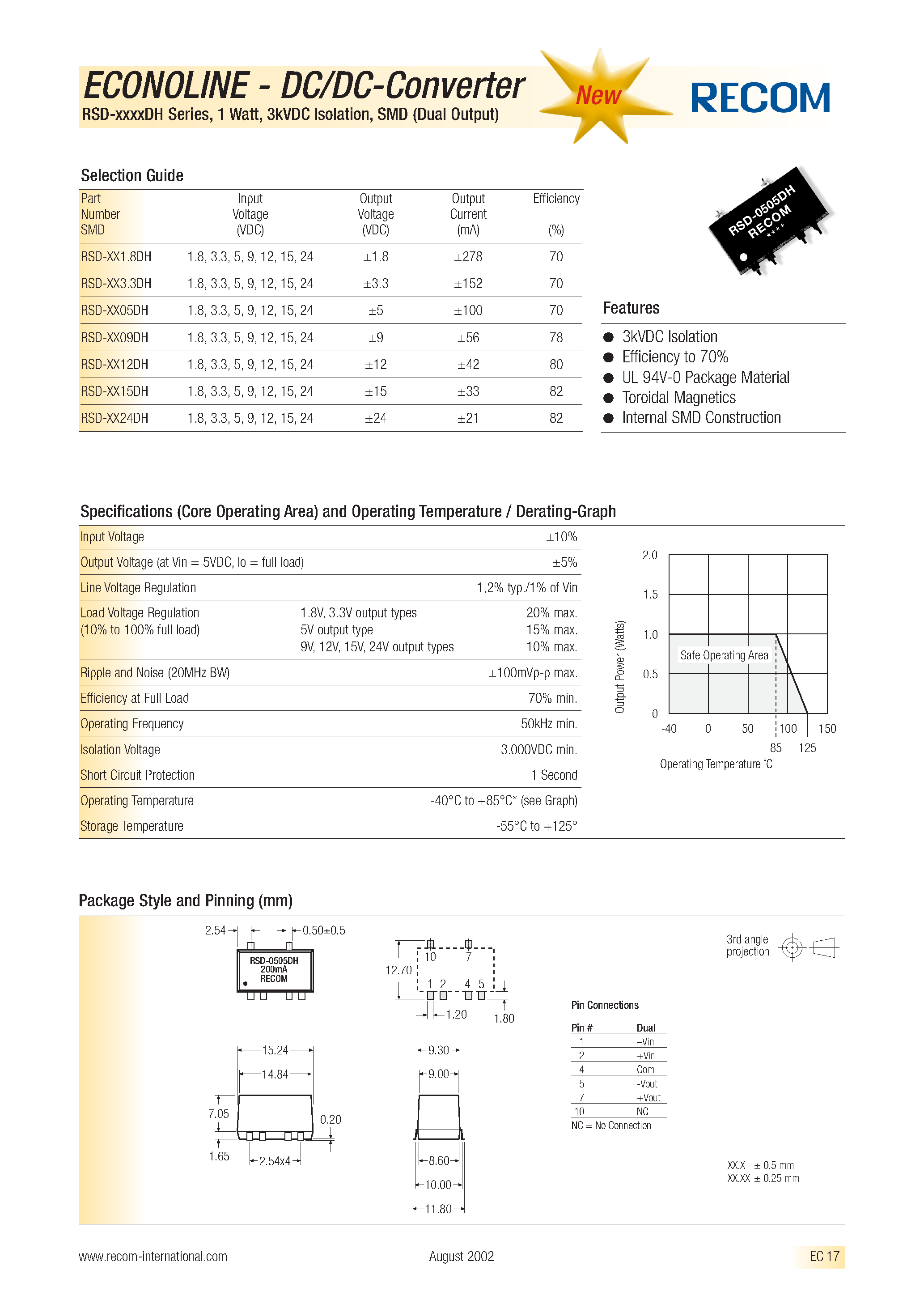 Datasheet RSD-3.33.3DH - ECONOLINE - DC/DC - CONVERTER page 1