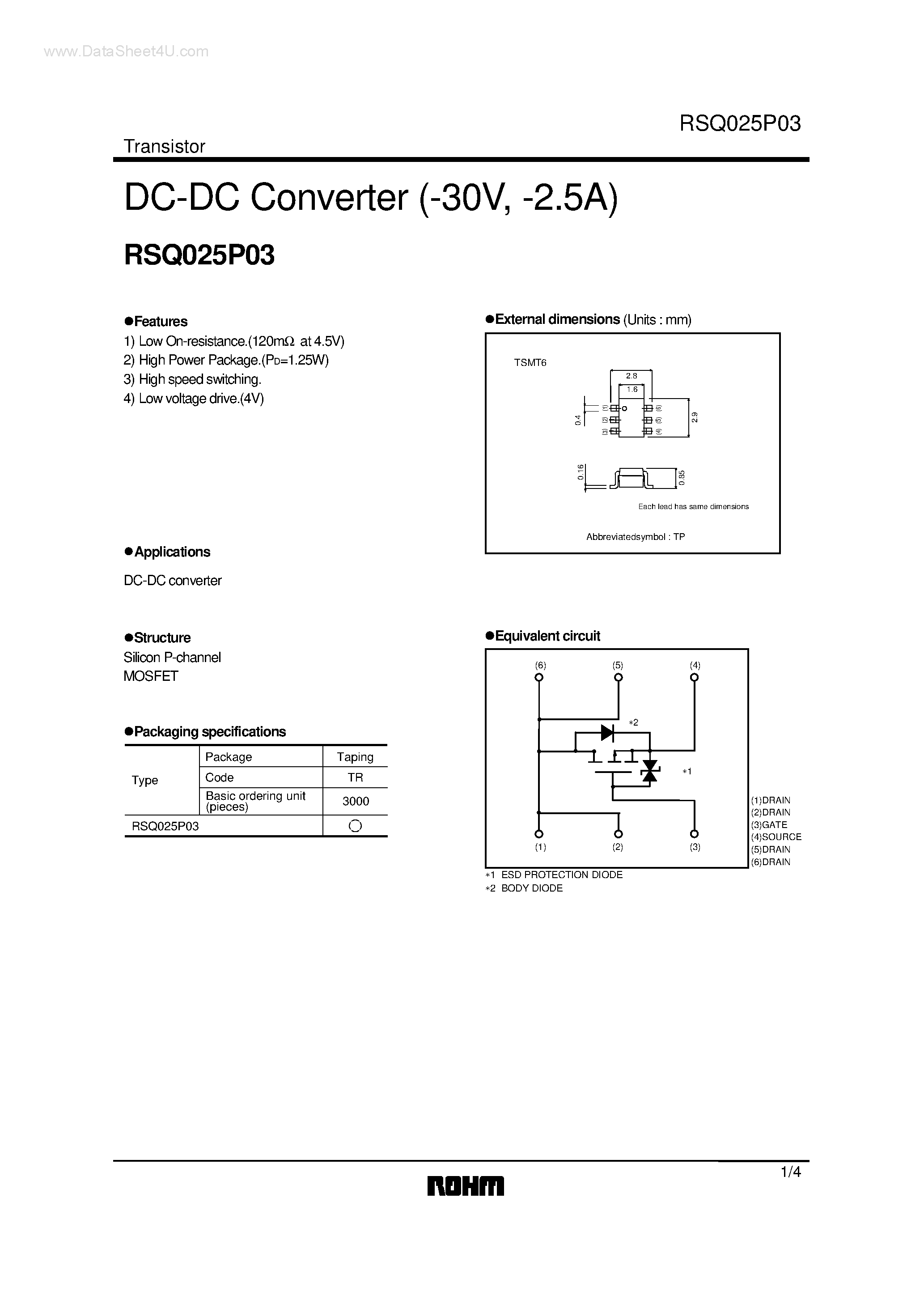 Datasheet RSQ025P03 page 1 Datasheet RSQ025P03 - DC-DC Converter (-30V / -2.5A) page 1