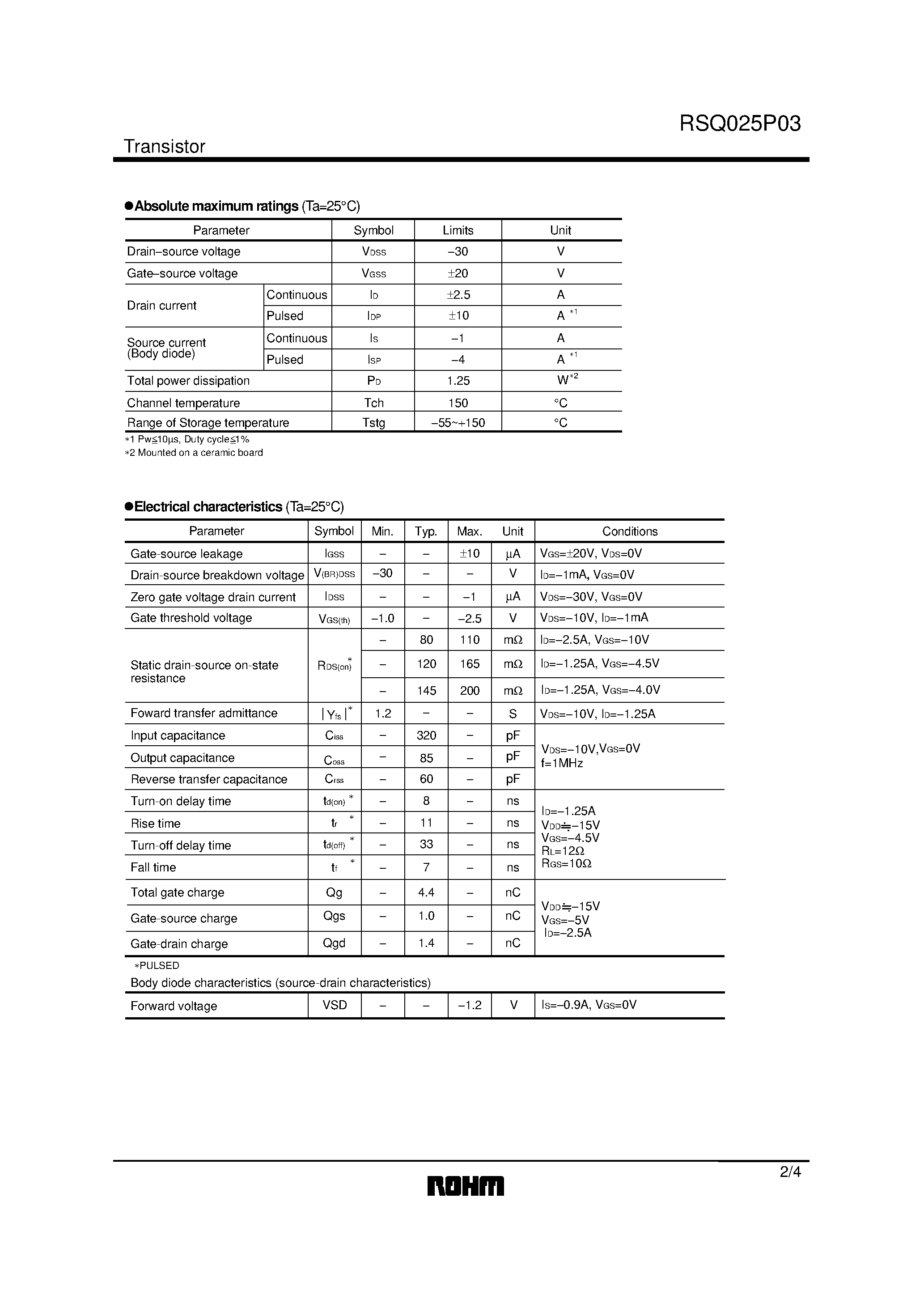 Datasheet RSQ025P03 page 2 Datasheet RSQ025P03 - DC-DC Converter (-30V / -2.5A) page 2