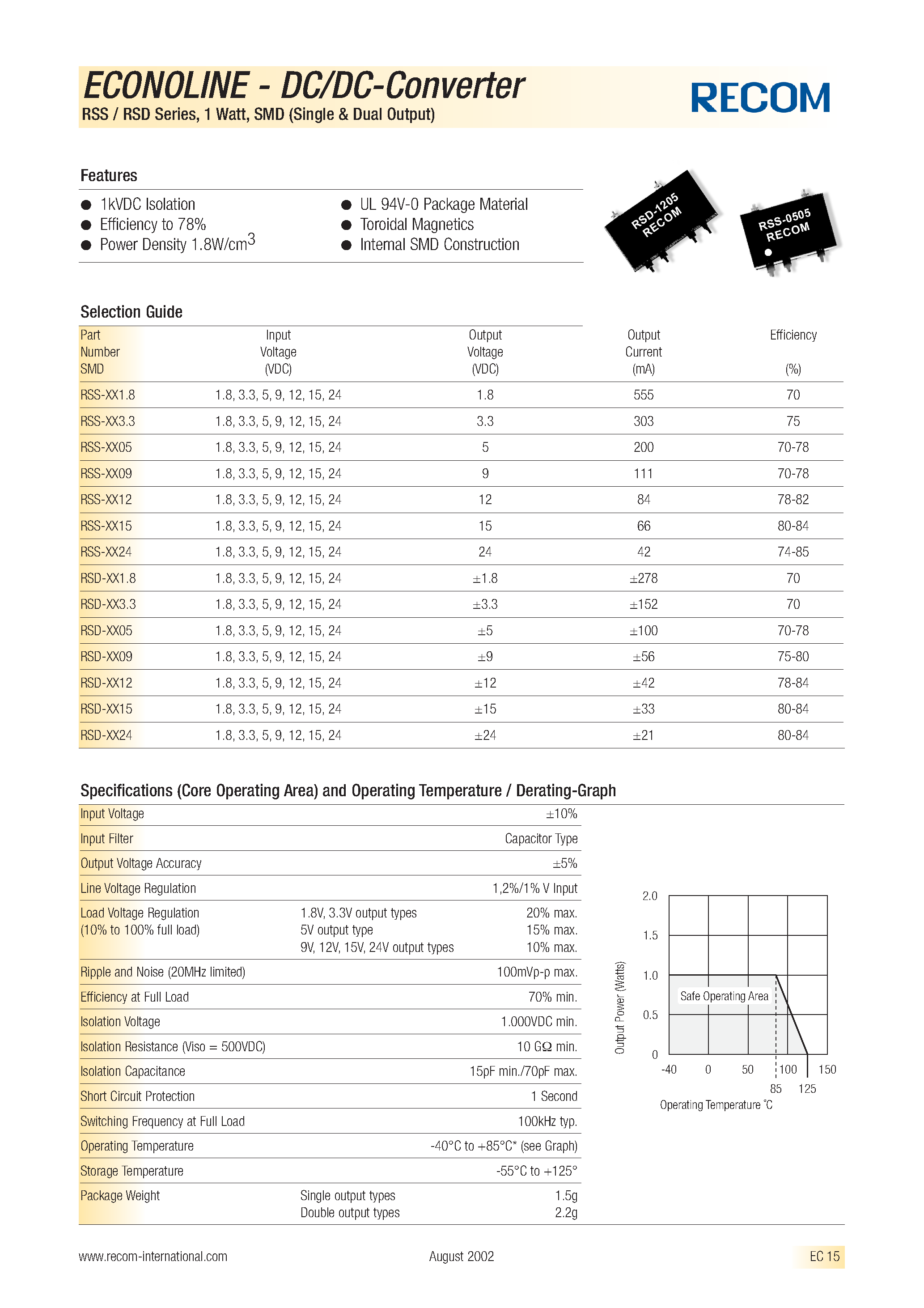 Datasheet RSS-1.805 - ECONOLINE - DC/DC - CONVERTER page 1