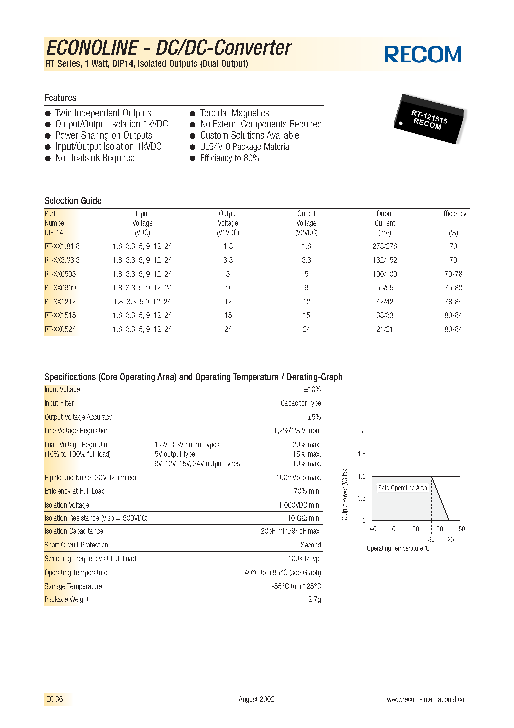 Datasheet RT-093.33.3 - ECONOLINE - DC/DC - CONVERTER page 1