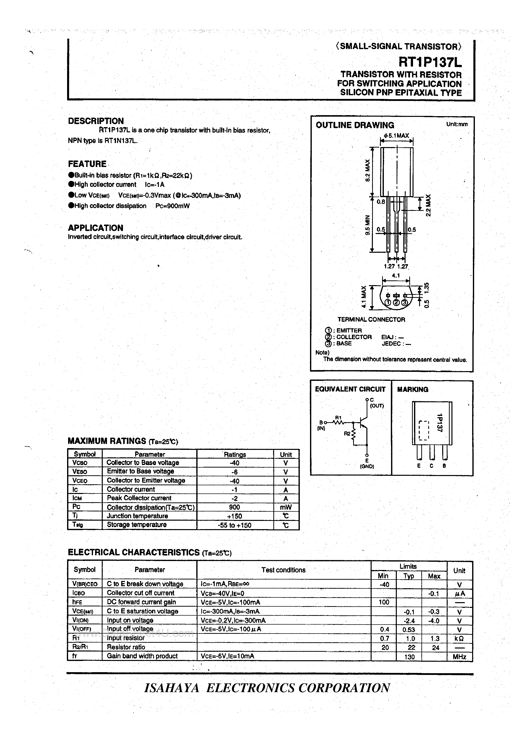 Datasheet RT1P137L page 1 Datasheet RT1P137L - TRANSISTOR WITH RESISTOR FOR SWITCHING APPLICATION SILICON PNP EPITAXIAL TYPE page 1