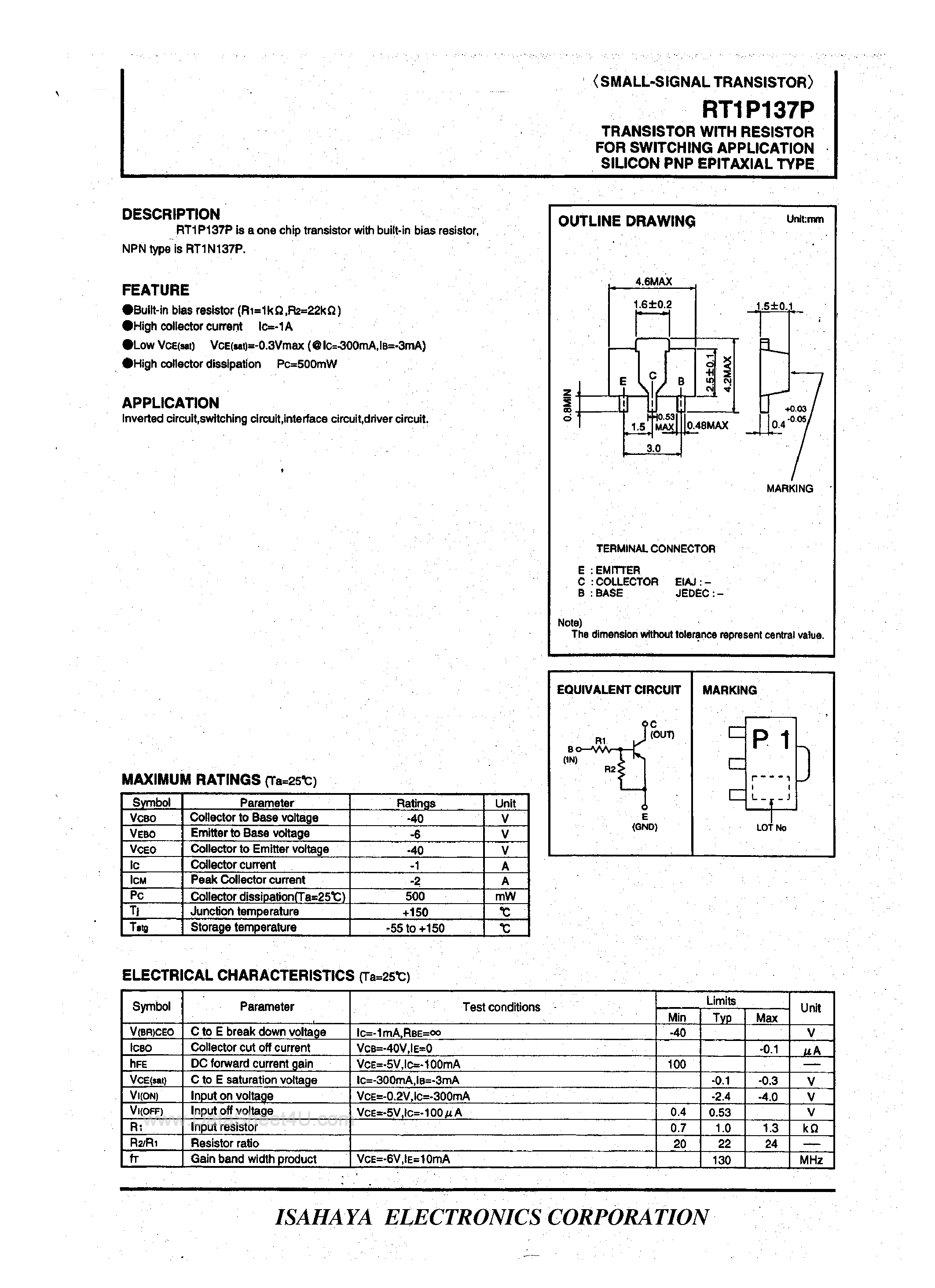 Datasheet RT1P137P page 1 Datasheet RT1P137P - SWITCHING SILICON PNP EPITAXIAL TRANSISTOR page 1