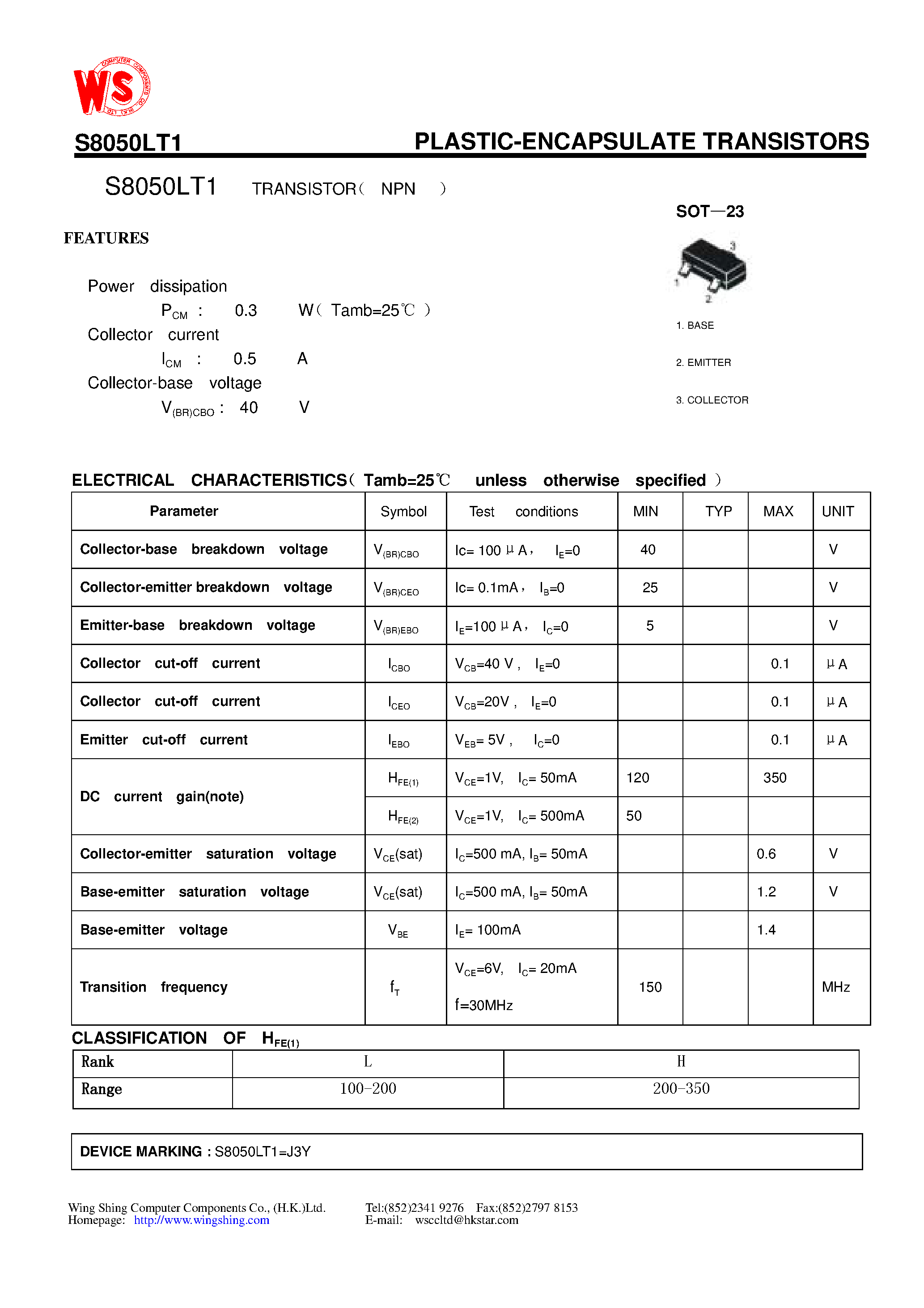 Datasheet S8050LT1 - PLASTIC-ENCAPSULATE TRANSISTORS page 1