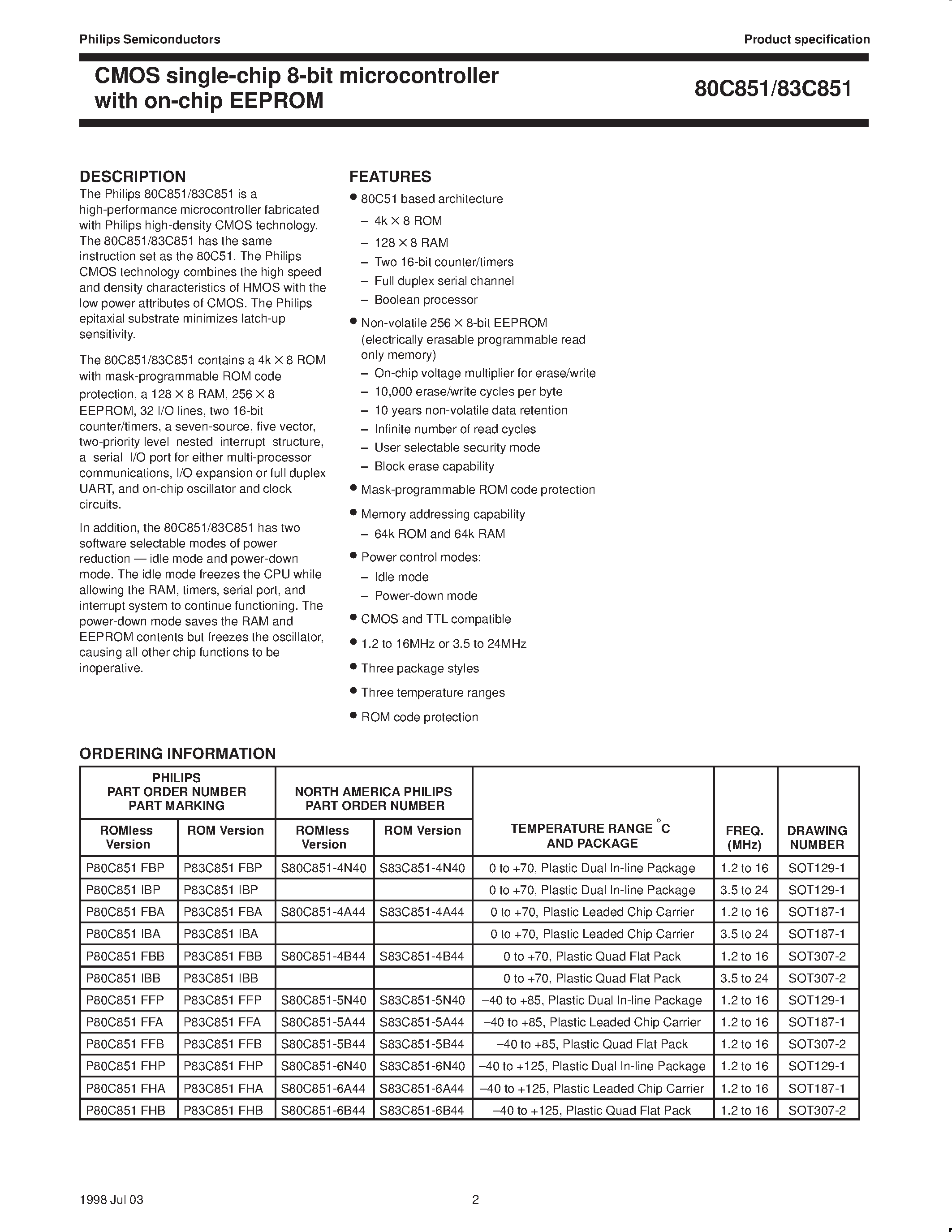 Datasheet S80C851-4N40 page 2 Datasheet S80C851-4N40 - CMOS single-chip 8-bit microcontroller with on-chip EEPROM page 2