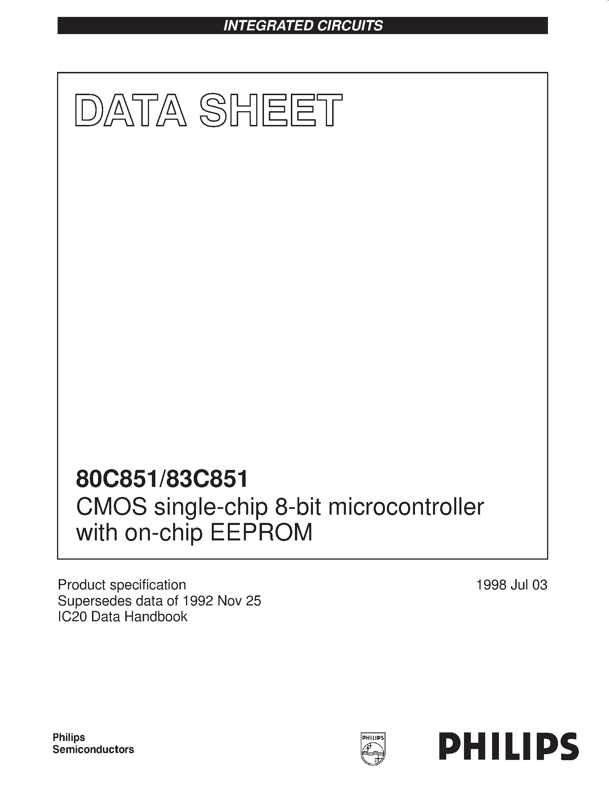 Datasheet S80C851-5B44 page 1 Datasheet S80C851-5B44 - CMOS single-chip 8-bit microcontroller with on-chip EEPROM page 1