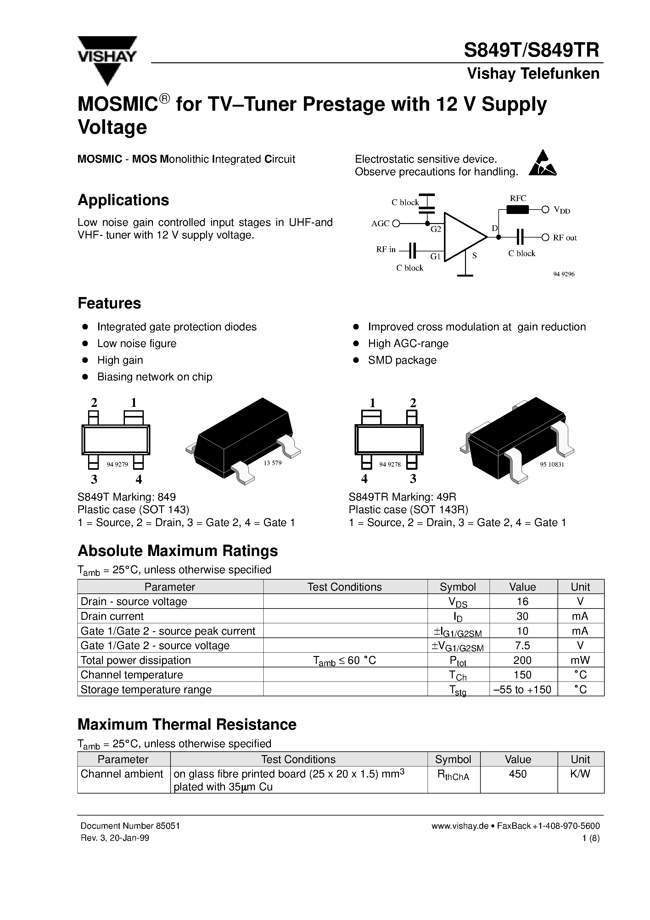 Даташит S849TR - MOSMIC for TV-Tuner Prestage with 12 V Supply Voltage страница 1