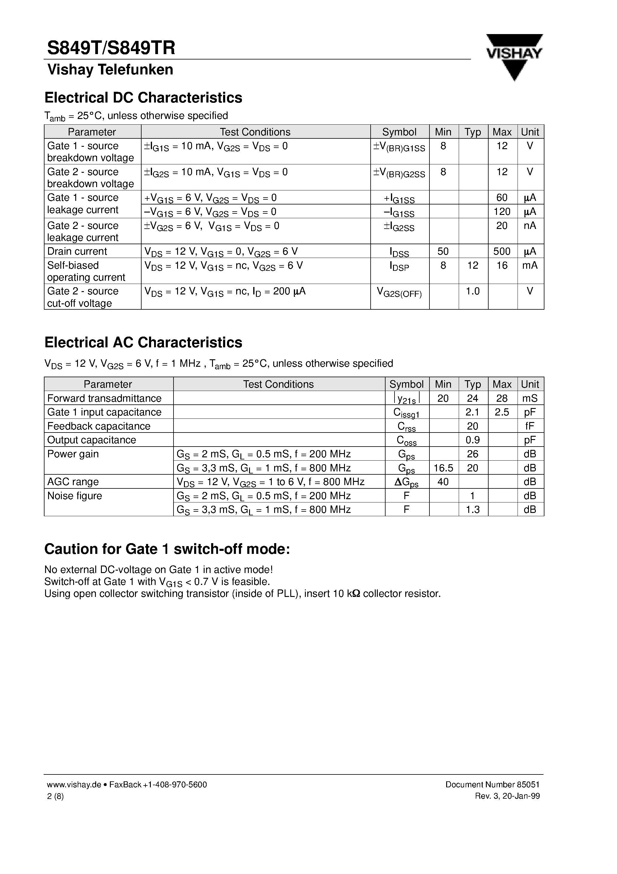 Даташит S849TR - MOSMIC for TV-Tuner Prestage with 12 V Supply Voltage страница 2