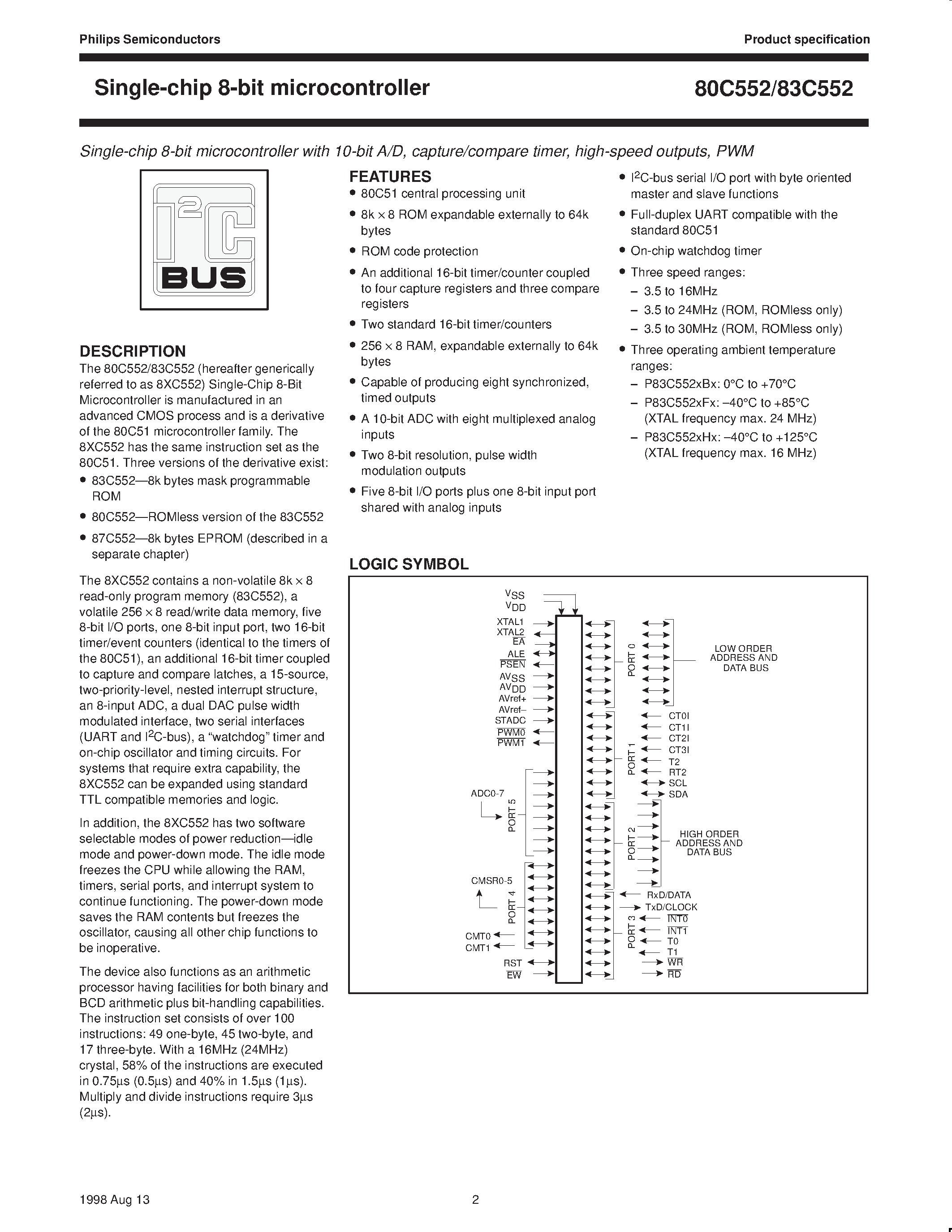 Datasheet S87C552-4BA - 80C51 8-bit microcontroller 8K/256 OTP / 8 channel 10 bit A/D / I2C / PWM / capture/compare / high I/O page 2